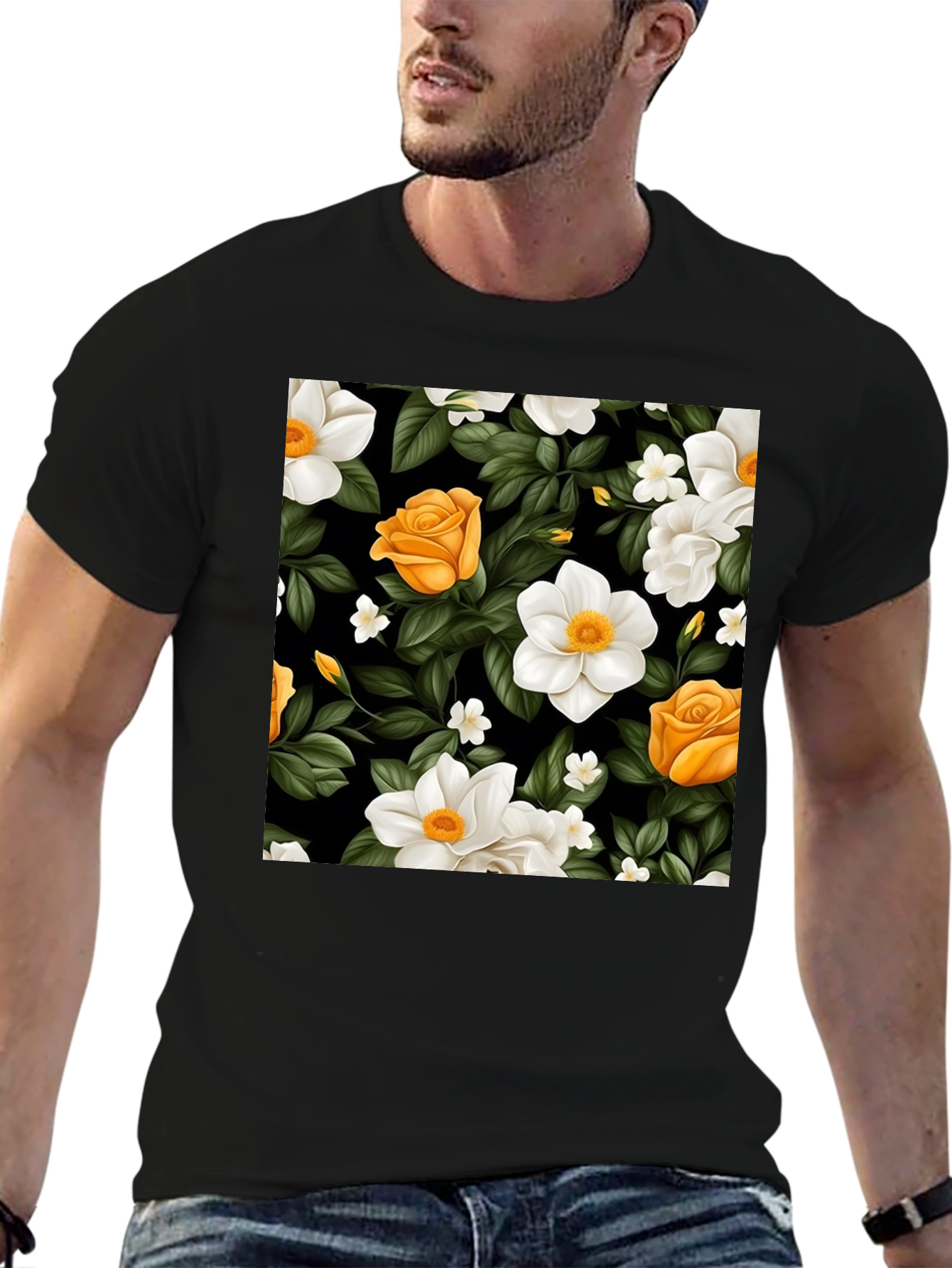 Floral Black T-Shirt - Rose & Jasmine Pattern