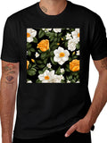 Floral Black T-Shirt - Rose & Jasmine Pattern