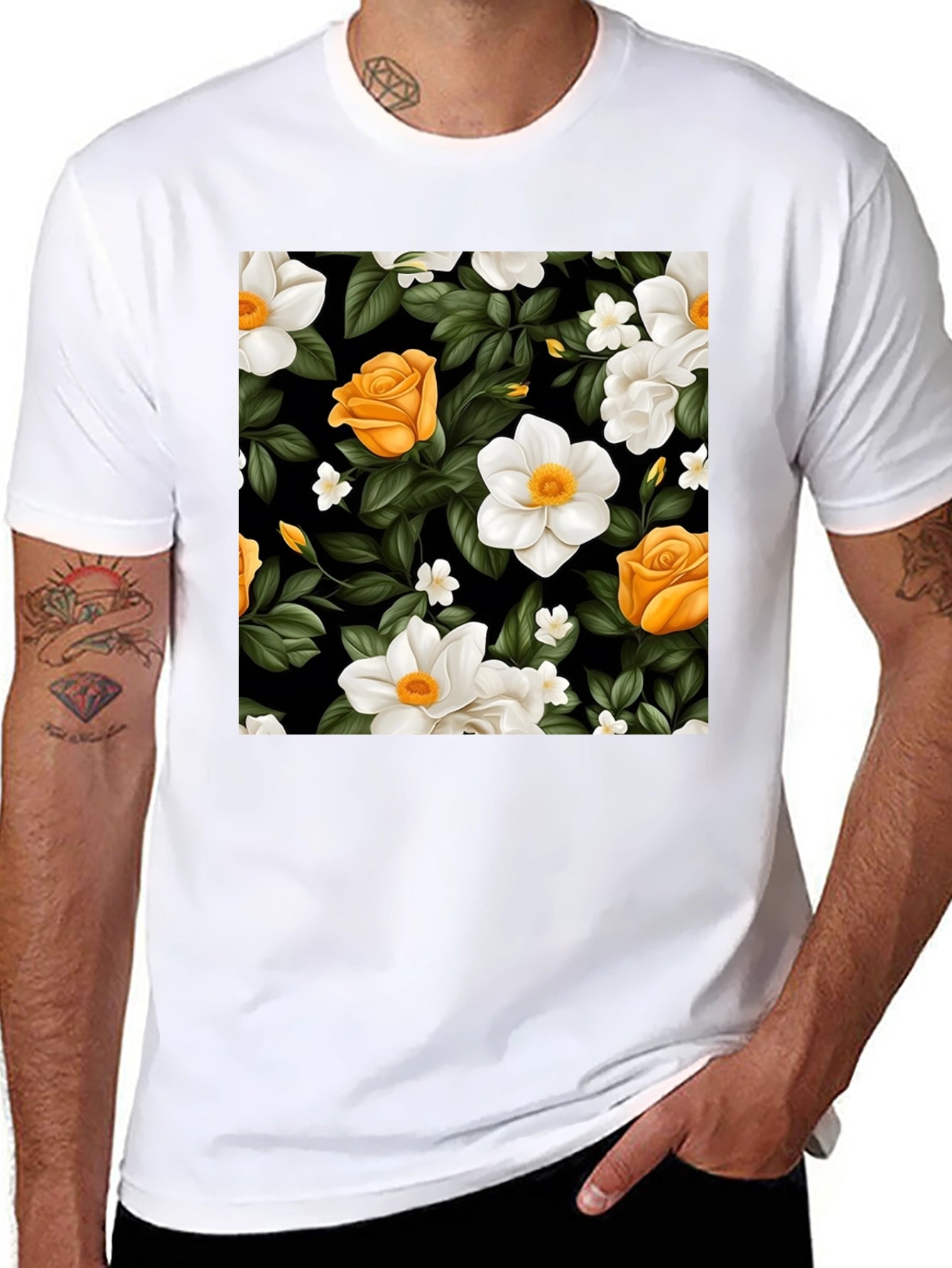 Floral Black T-Shirt - Rose & Jasmine Pattern