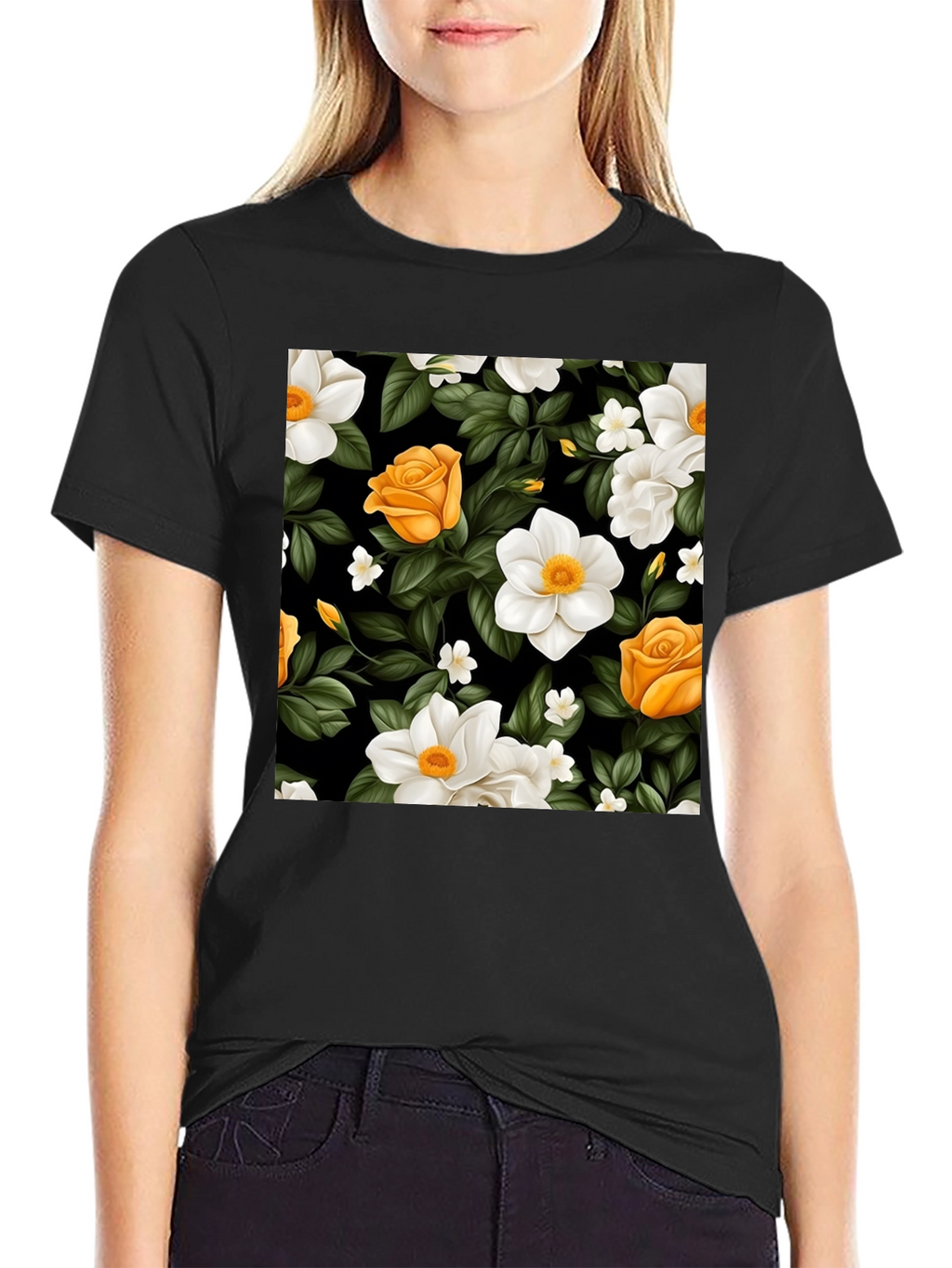 Floral Black T-Shirt - Rose & Jasmine Pattern