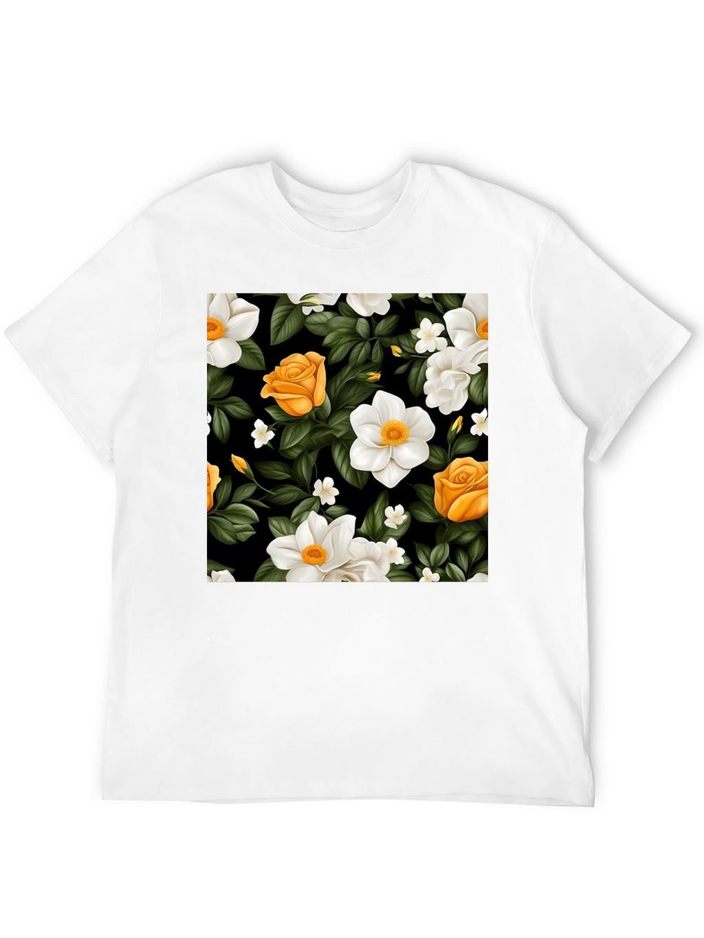 Floral Black T-Shirt - Rose & Jasmine Pattern