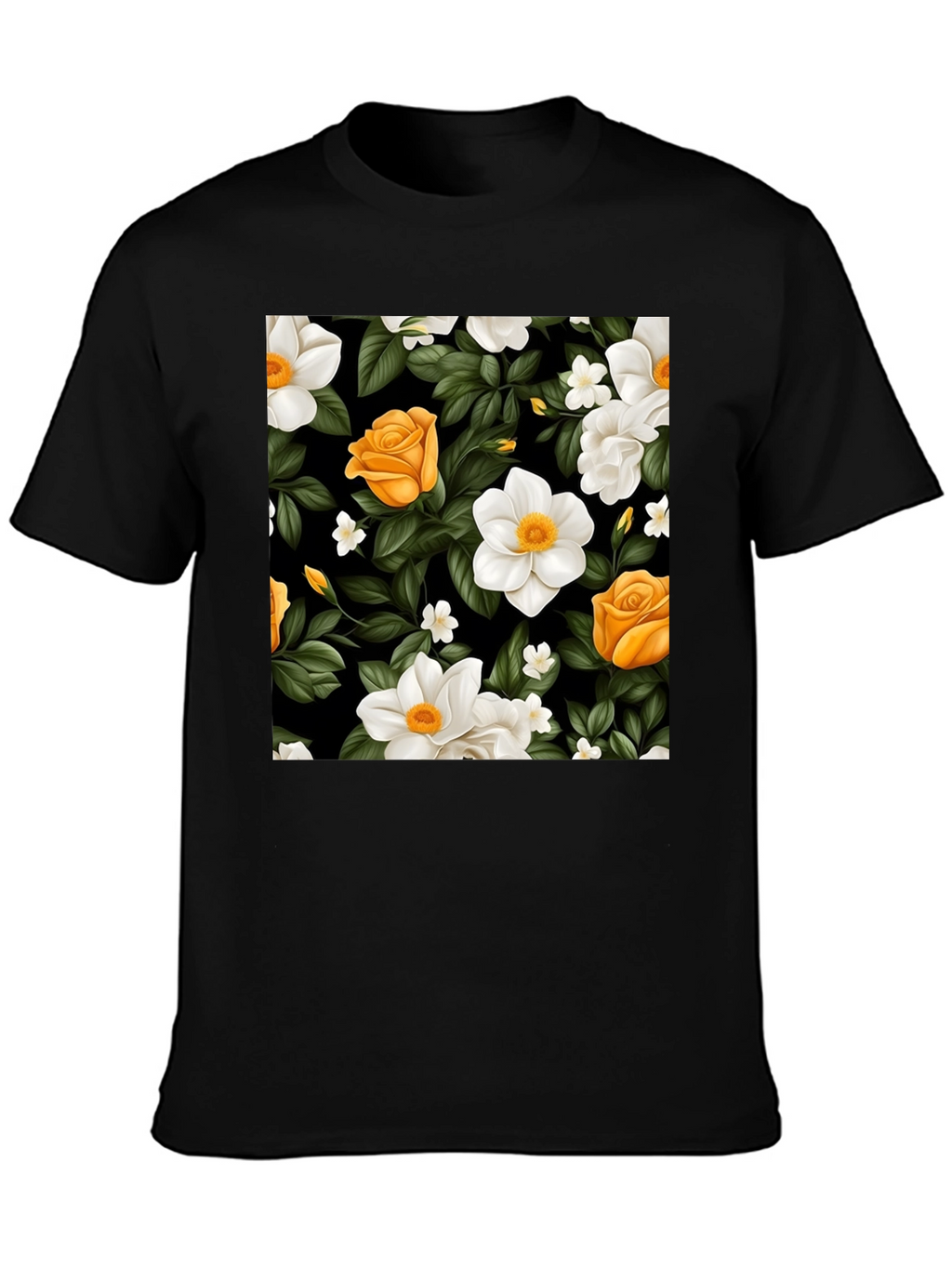Floral Black T-Shirt - Rose & Jasmine Pattern