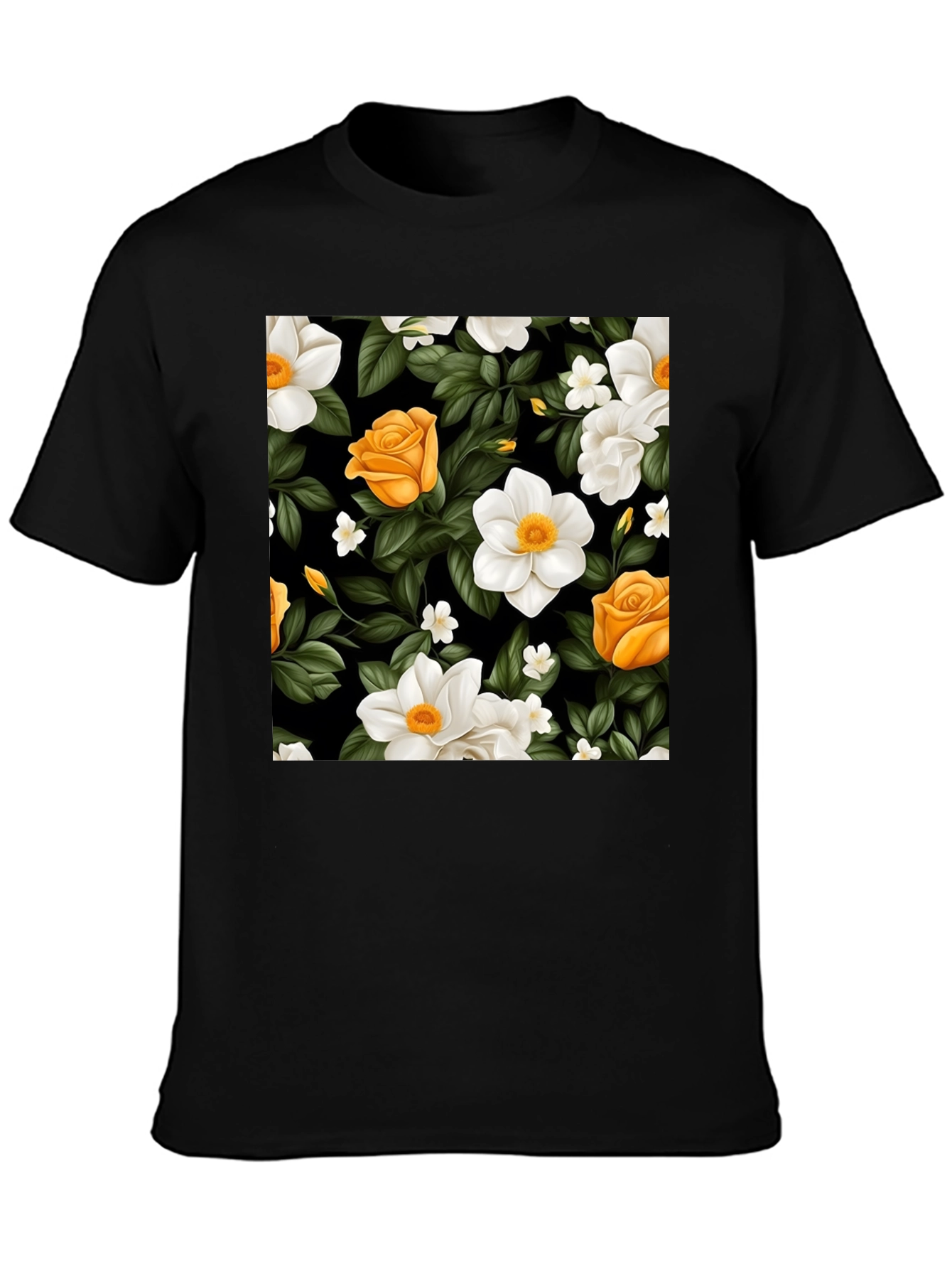 Floral Black T-Shirt - Rose & Jasmine Pattern