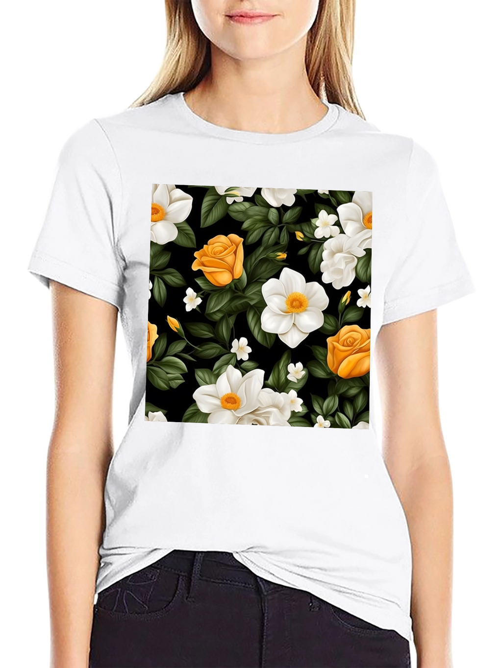 Floral Black T-Shirt - Rose & Jasmine Pattern