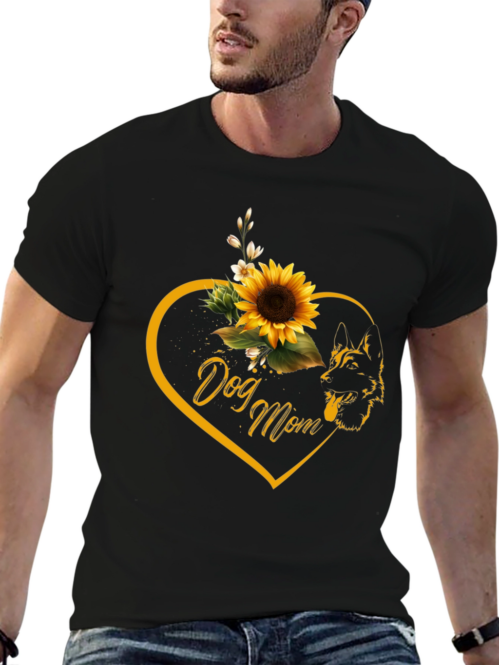 Dog Mom Sunflower Heart Black T-Shirt