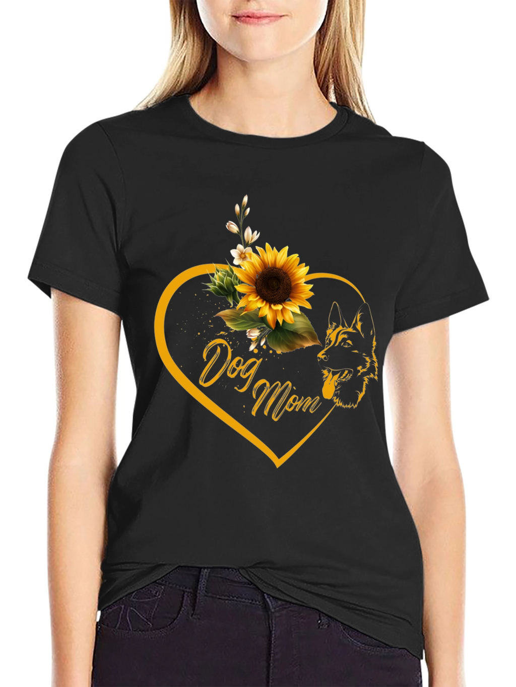 Dog Mom Sunflower Heart Black T-Shirt