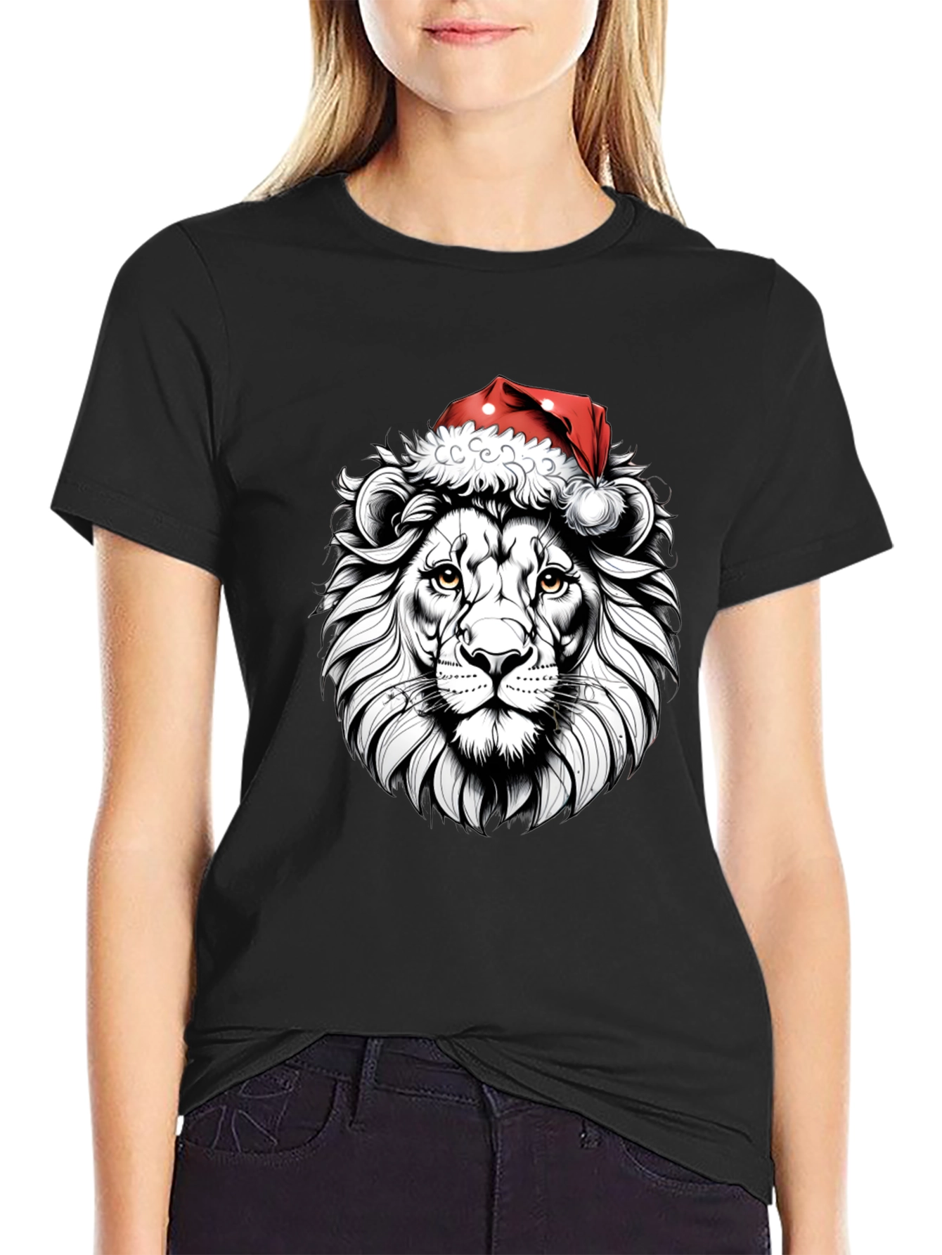 Lion Santa Hat Graphic Tee - Black