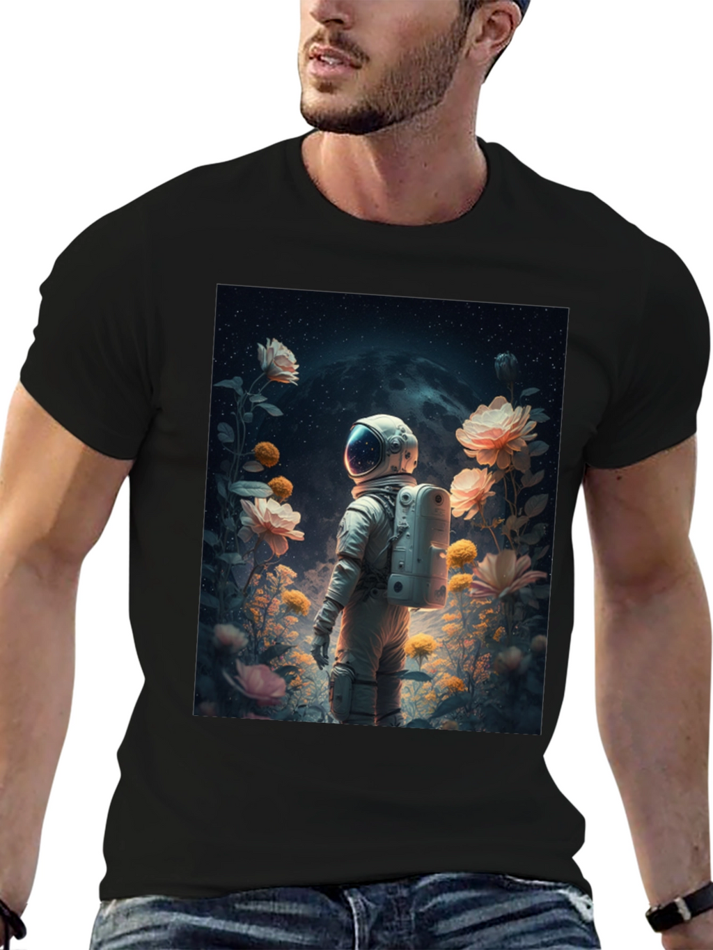 Astronaut in Floral Space T-Shirt