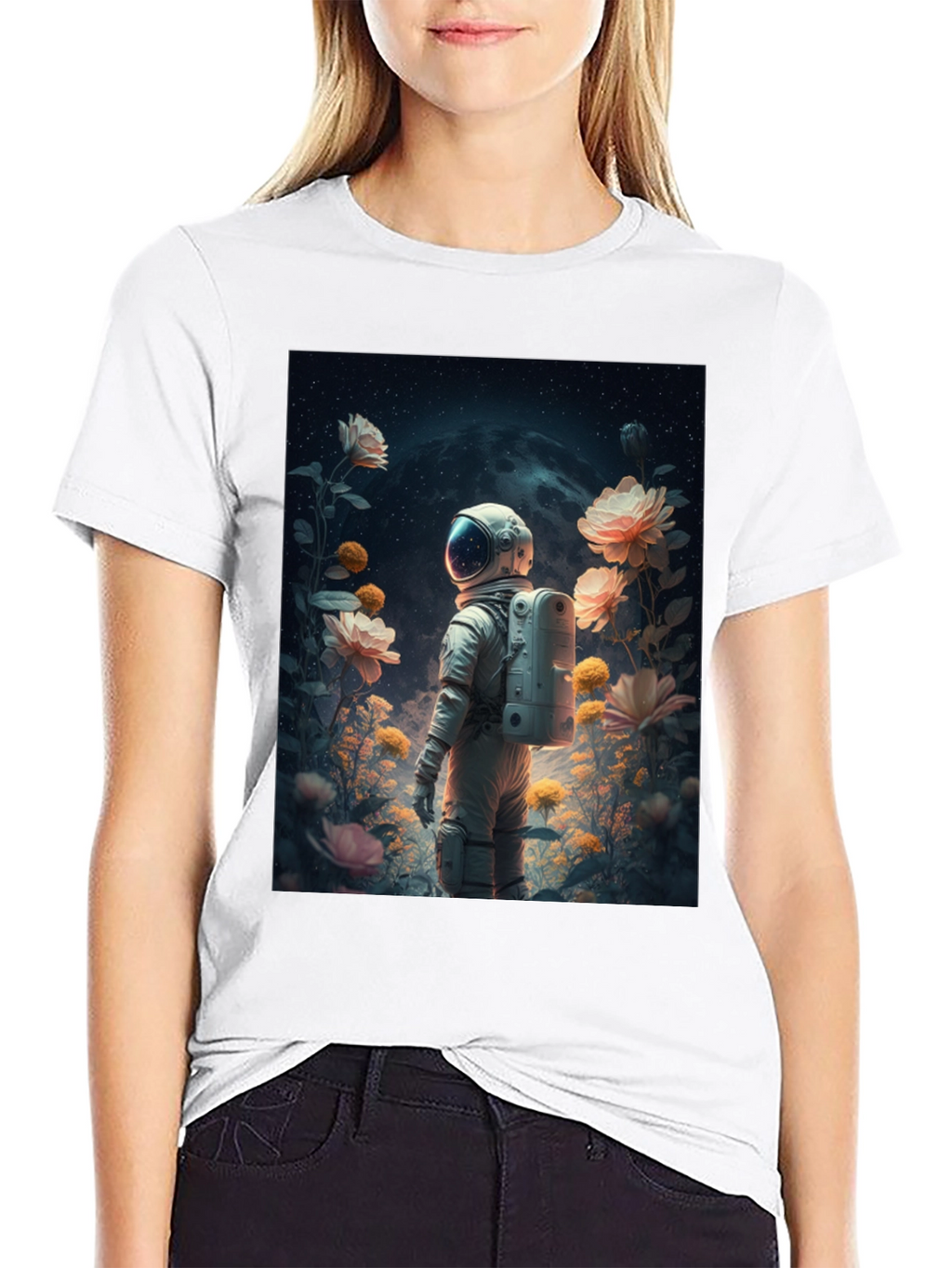 Astronaut in Floral Space T-Shirt