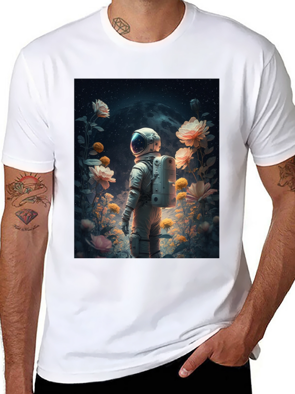 Astronaut in Floral Space T-Shirt