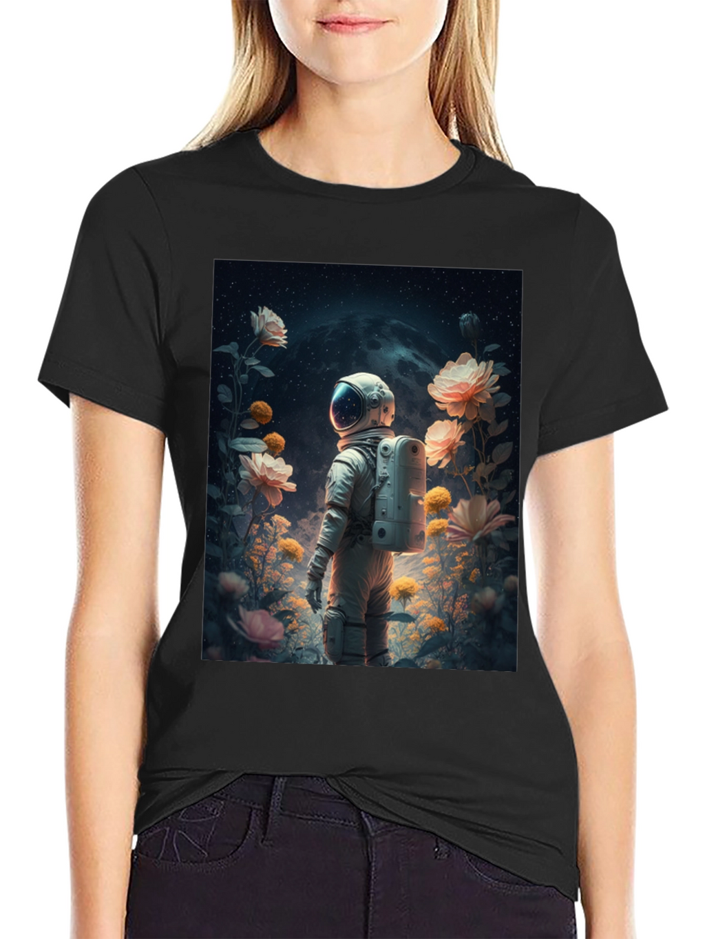 Astronaut in Floral Space T-Shirt