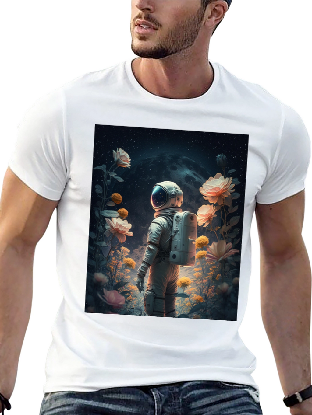 Astronaut in Floral Space T-Shirt