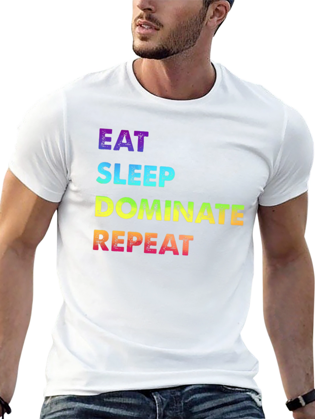 Eat Sleep Dominate Repeat Rainbow Text Graphic Tee