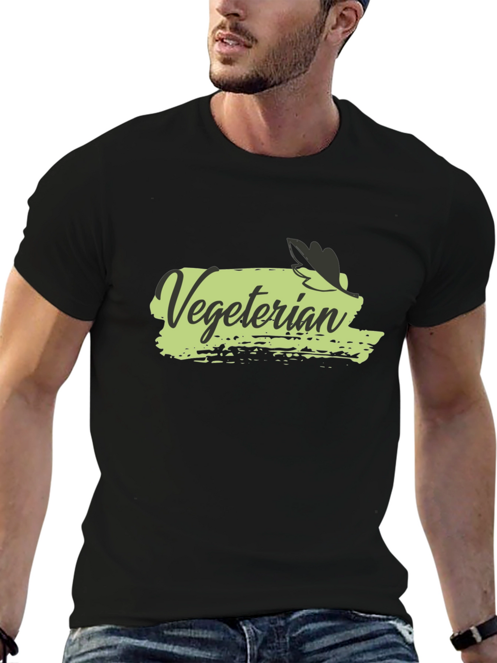 Vegetarian T-Shirt Black Cotton Crew Neck Casual Wear