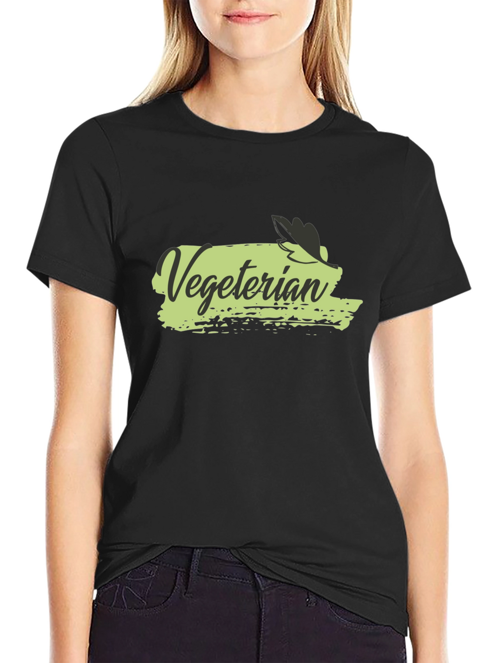 Vegetarian T-Shirt Black Cotton Crew Neck Casual Wear