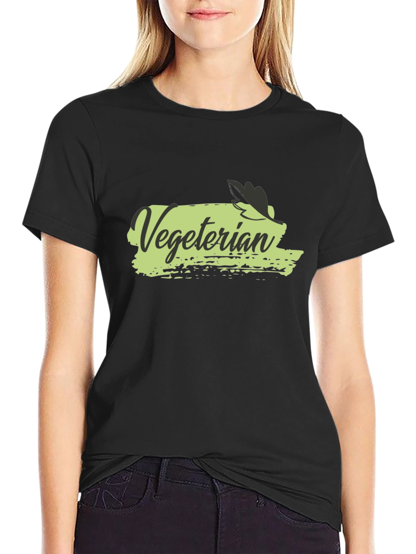 Vegetarian T-Shirt Black Cotton Crew Neck Casual Wear