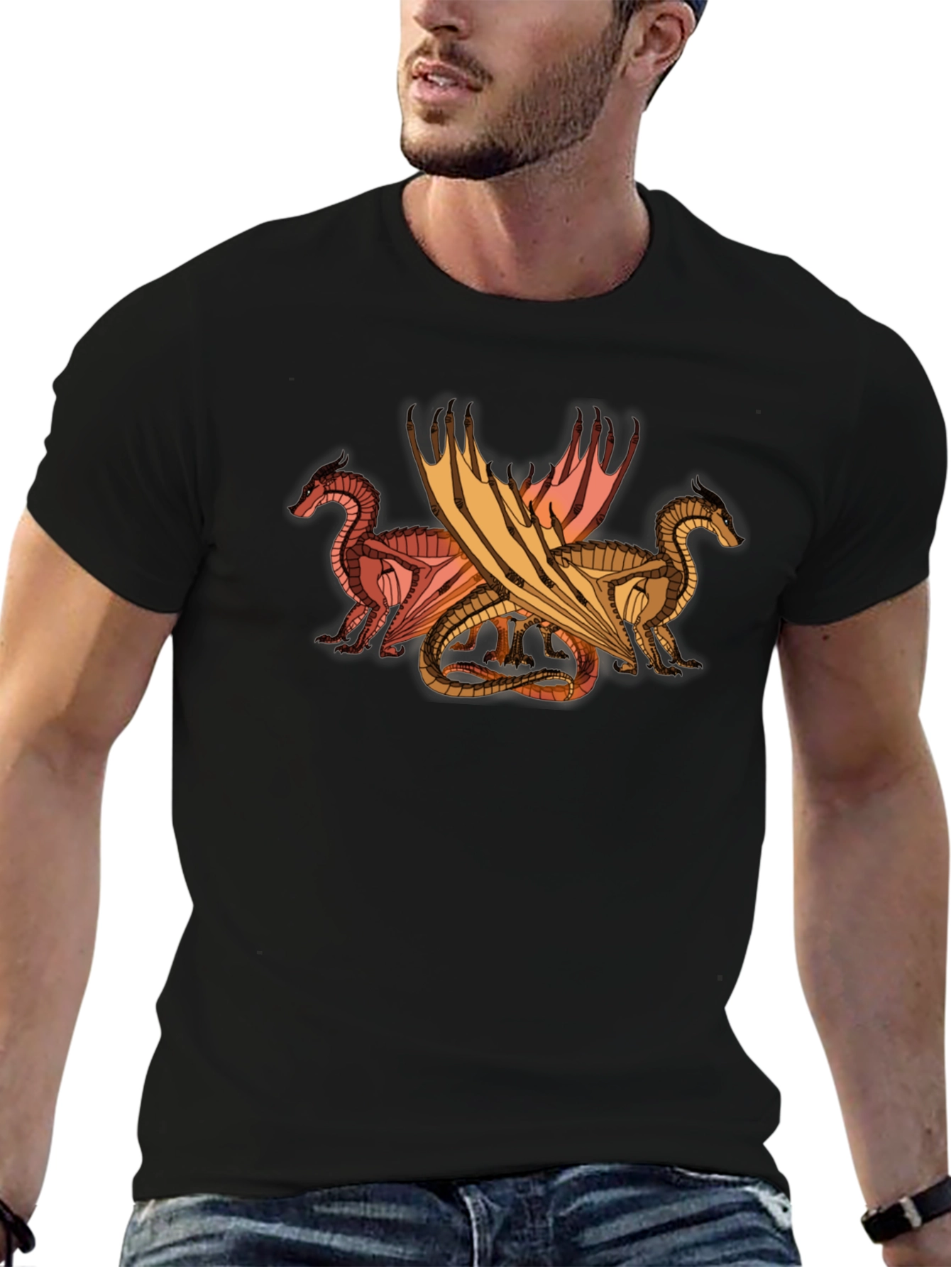 Dragon Trio Graphic Tee - Black Cotton T-Shirt
