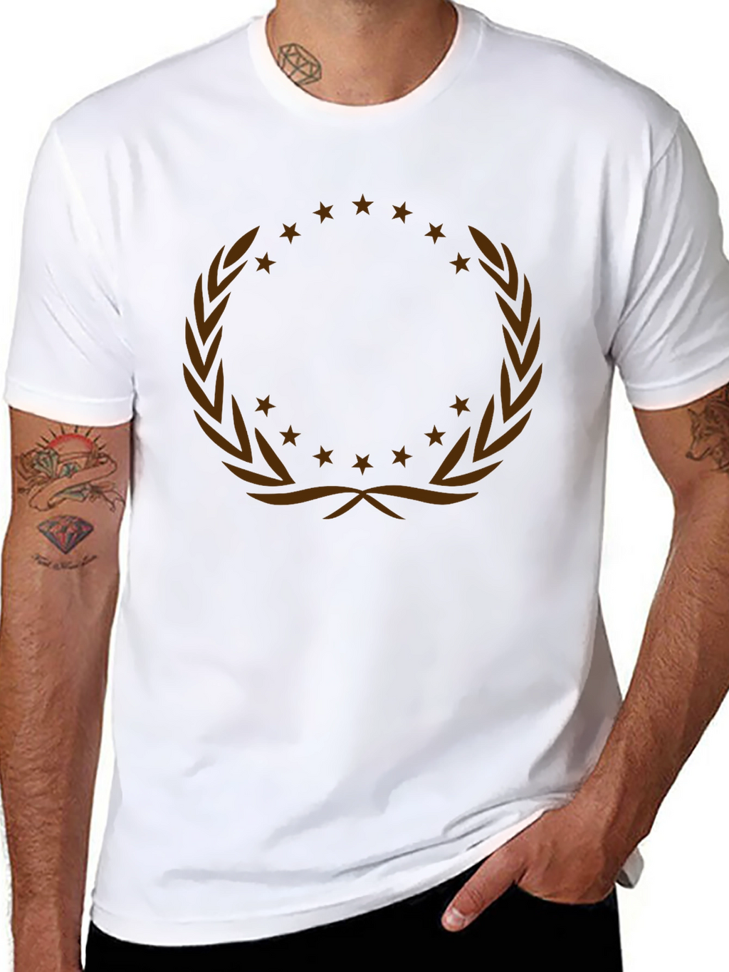 Graphic Tee with Laurel Wreath and Stars Design