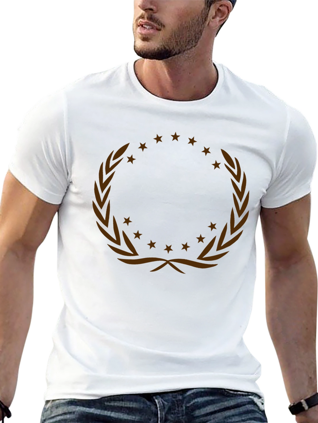 Graphic Tee with Laurel Wreath and Stars Design