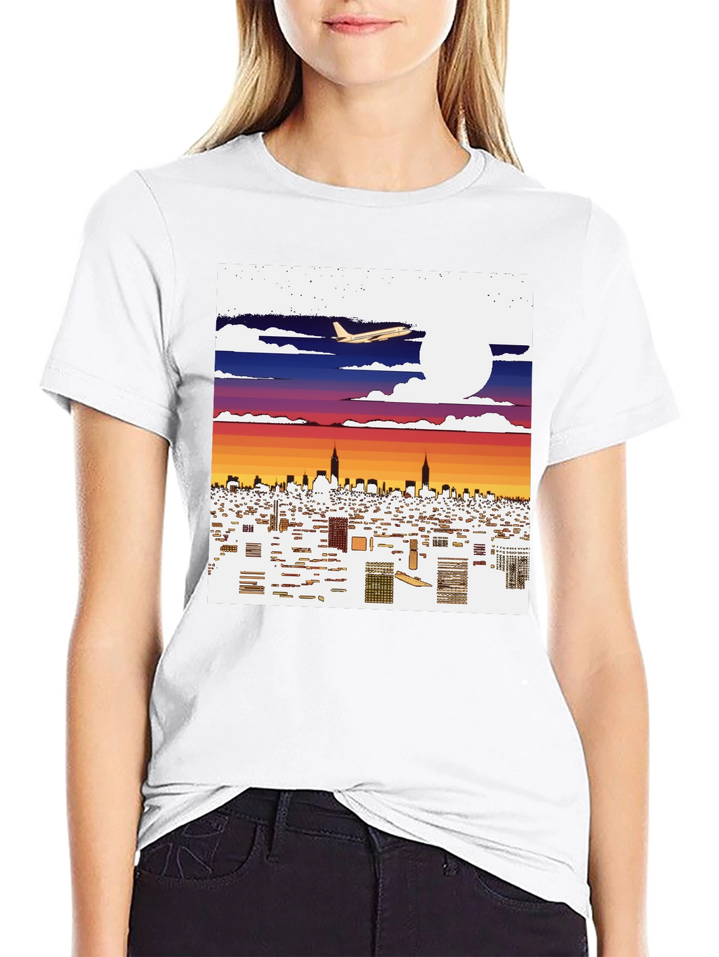 Cityscape Airplane Graphic Tee - Urban Style