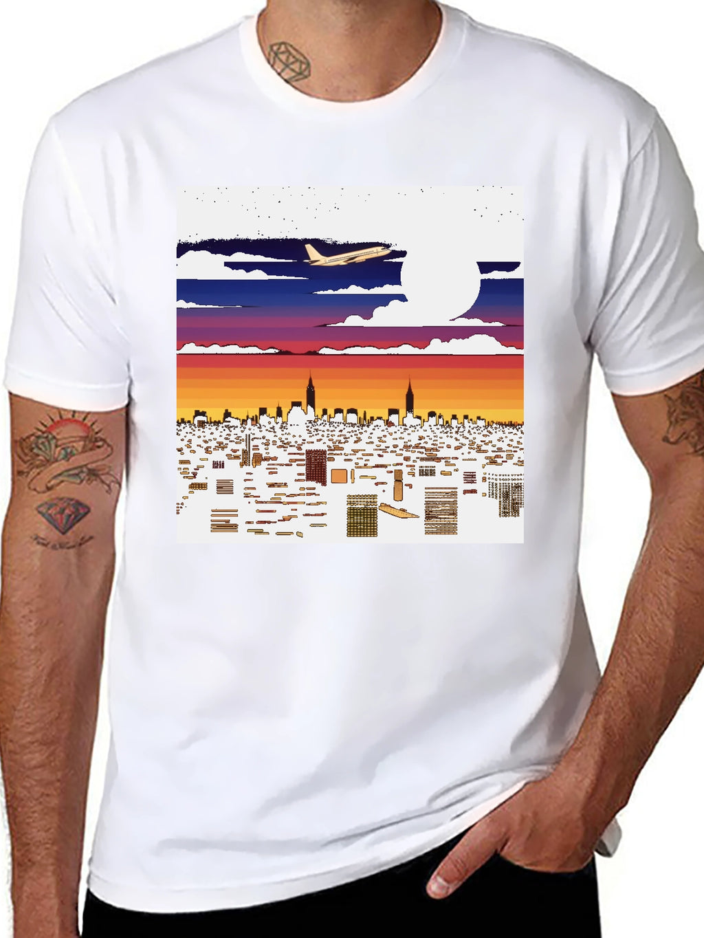 Cityscape Airplane Graphic Tee - Urban Style