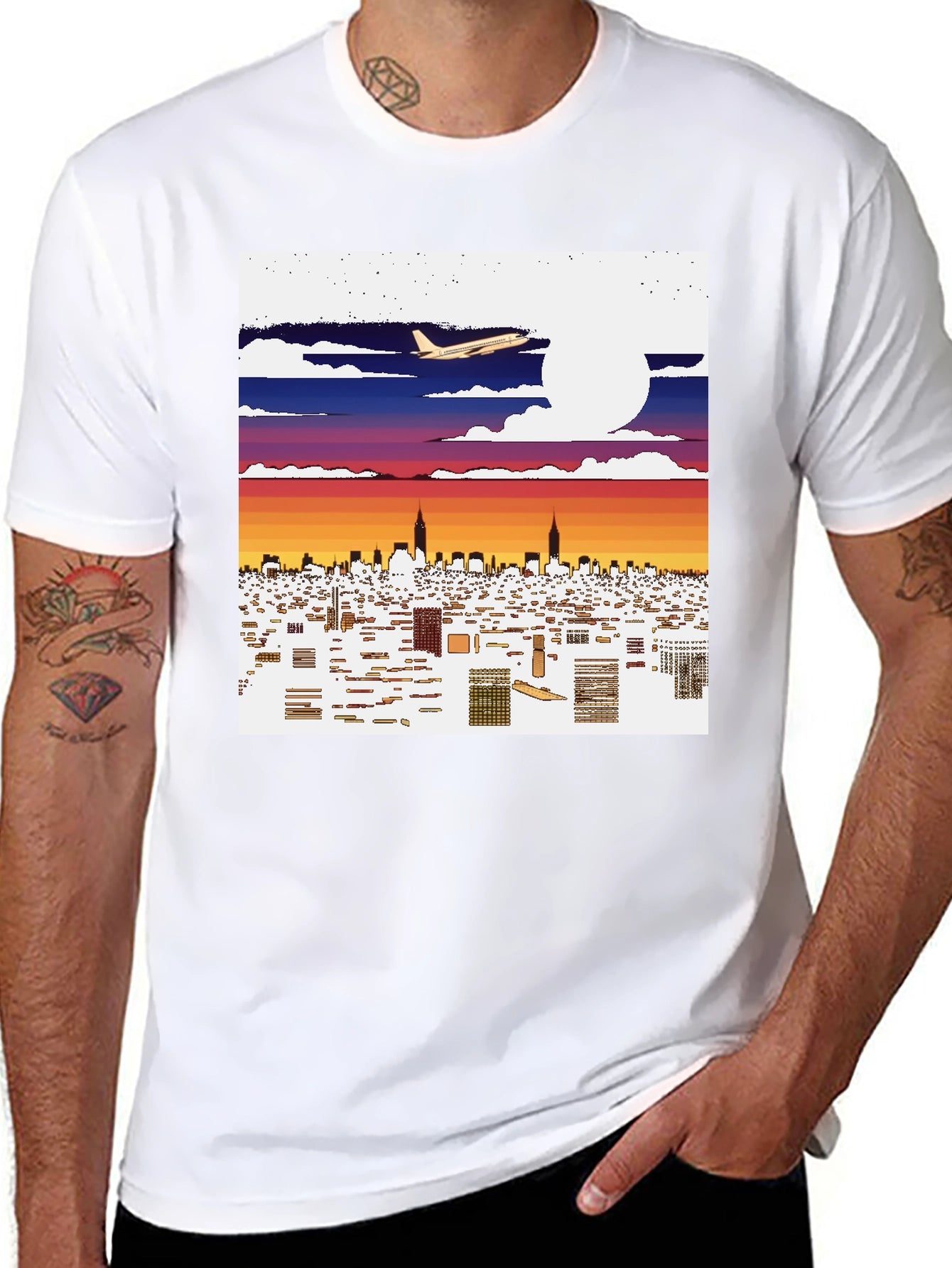 Cityscape Airplane Graphic Tee - Urban Style