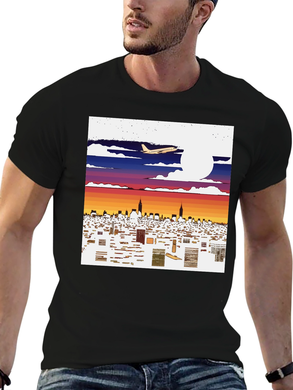Cityscape Airplane Graphic Tee - Urban Style