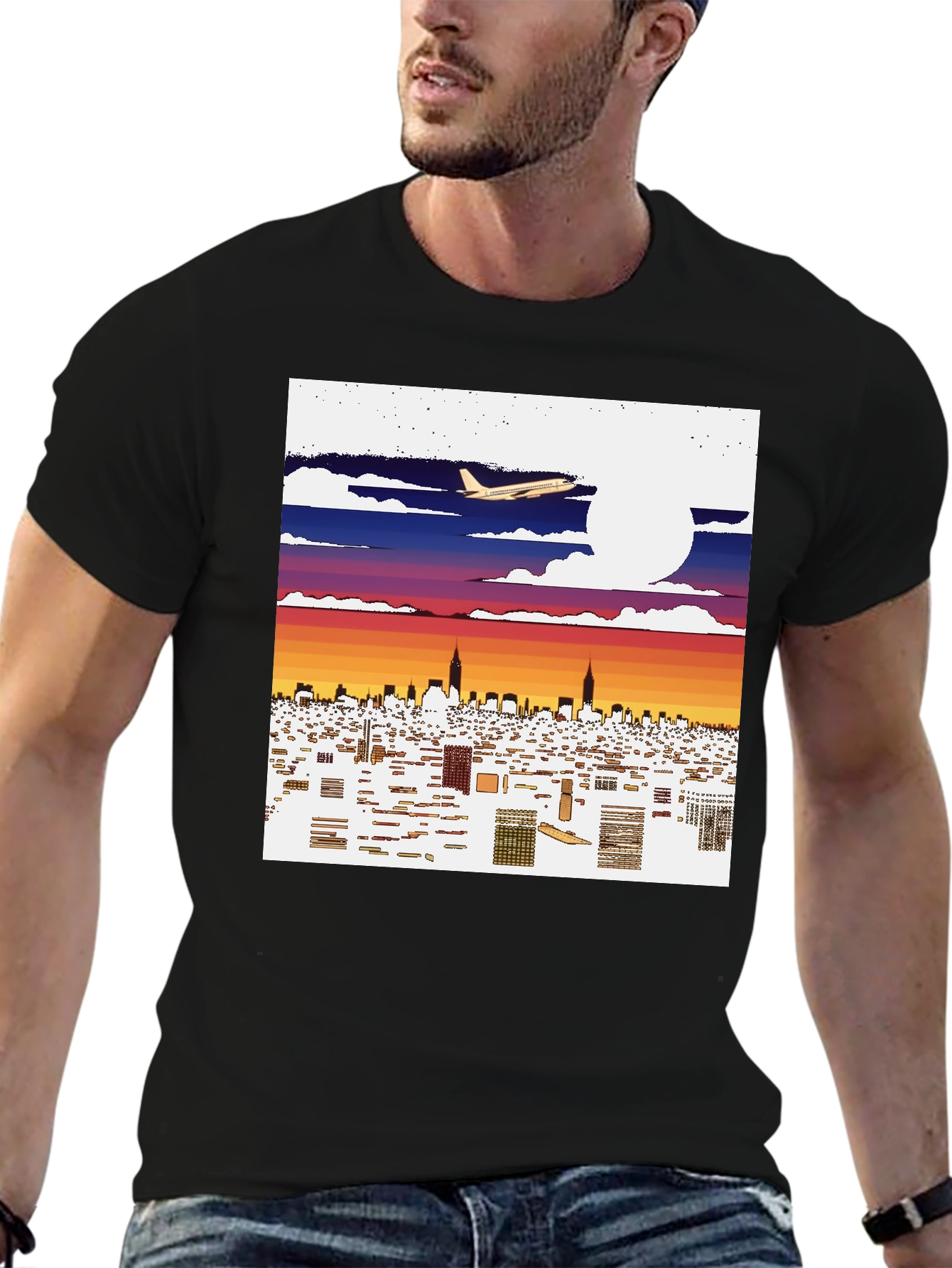 Cityscape Airplane Graphic Tee - Urban Style