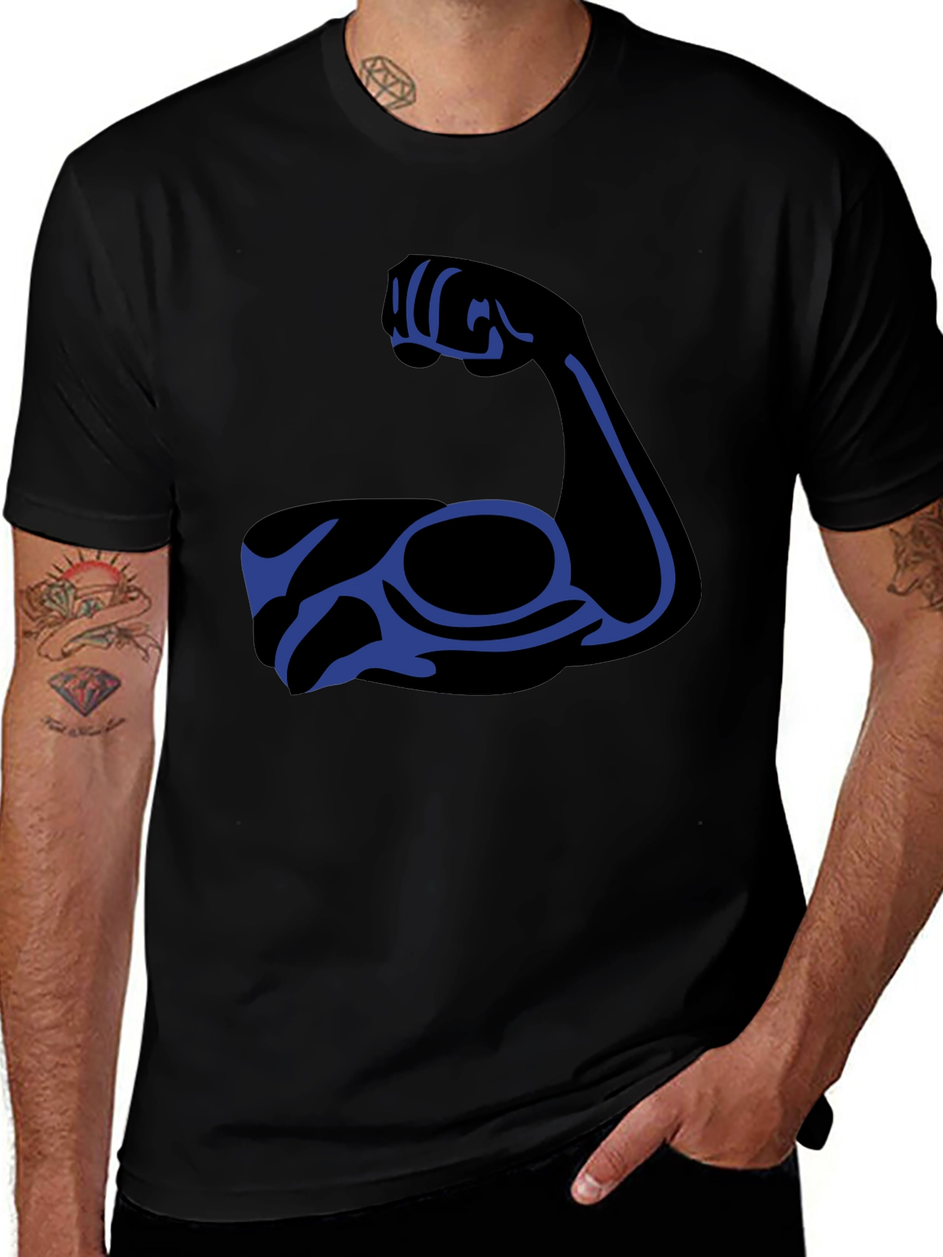 Black T-Shirt with Blue Arm Graphic