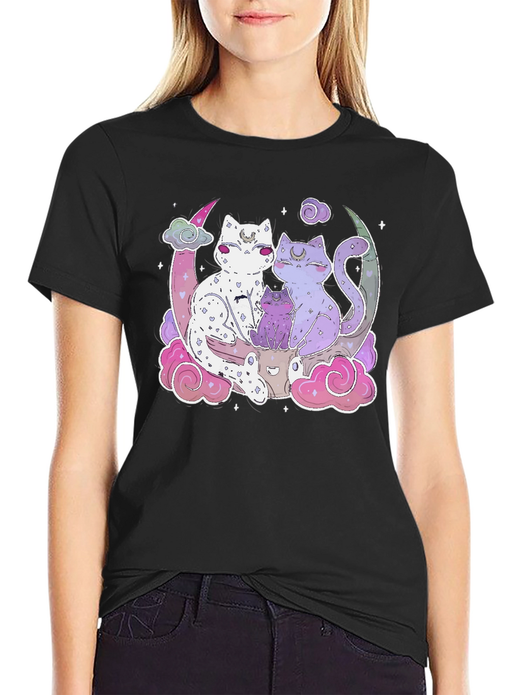 Cute Cats on Moon T-Shirt - Kawaii Style