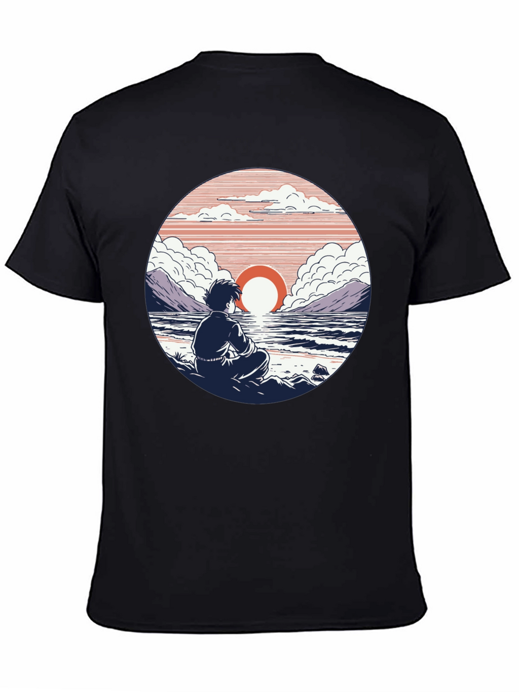 Anime Sunset T-Shirt: Coastal Meditation Design