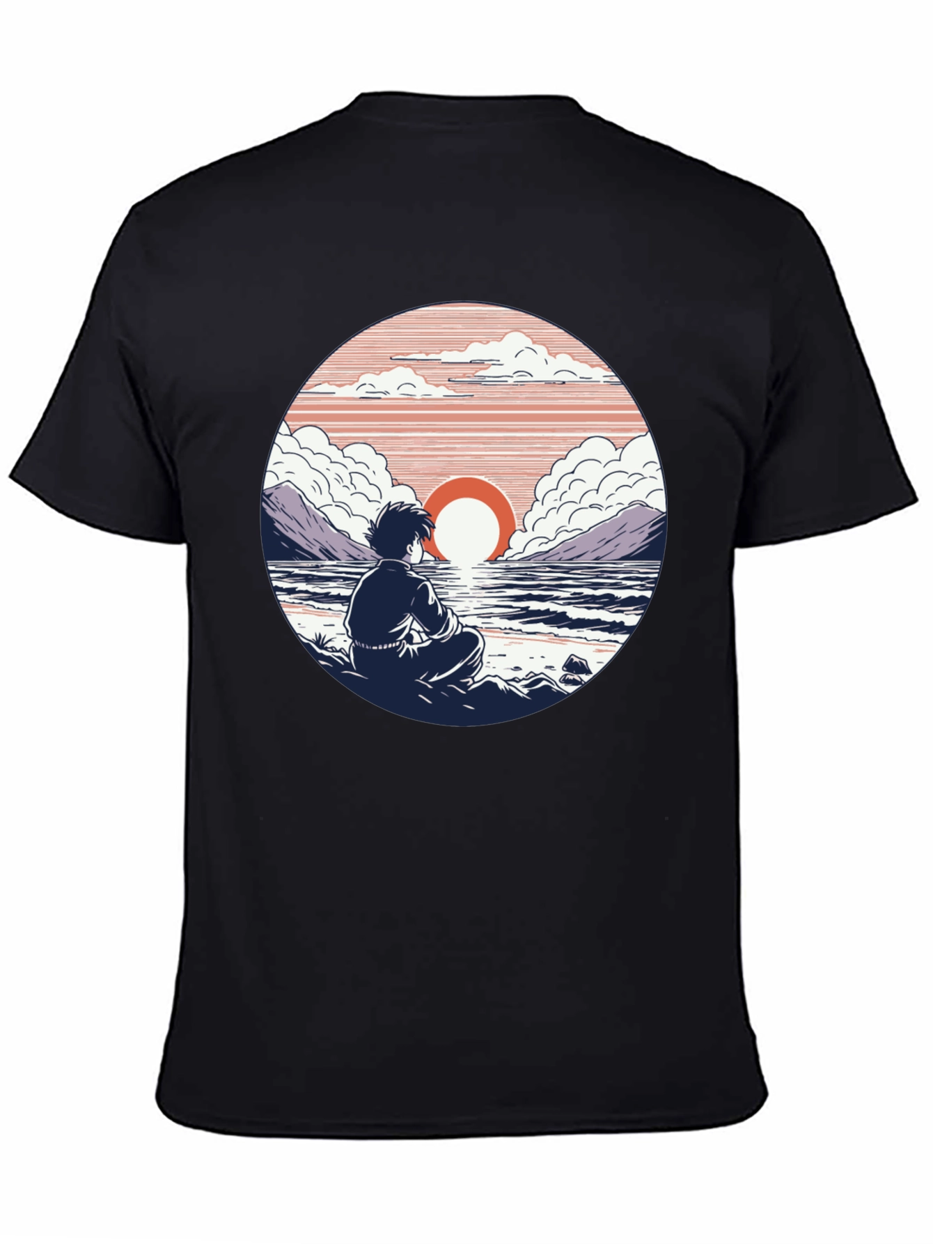 Anime Sunset T-Shirt: Coastal Meditation Design