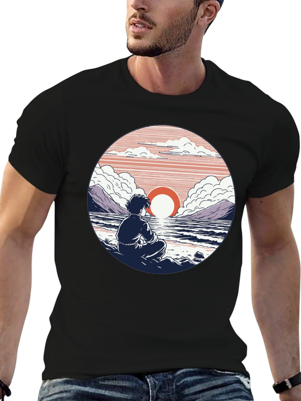 Anime Sunset T-Shirt: Coastal Meditation Design