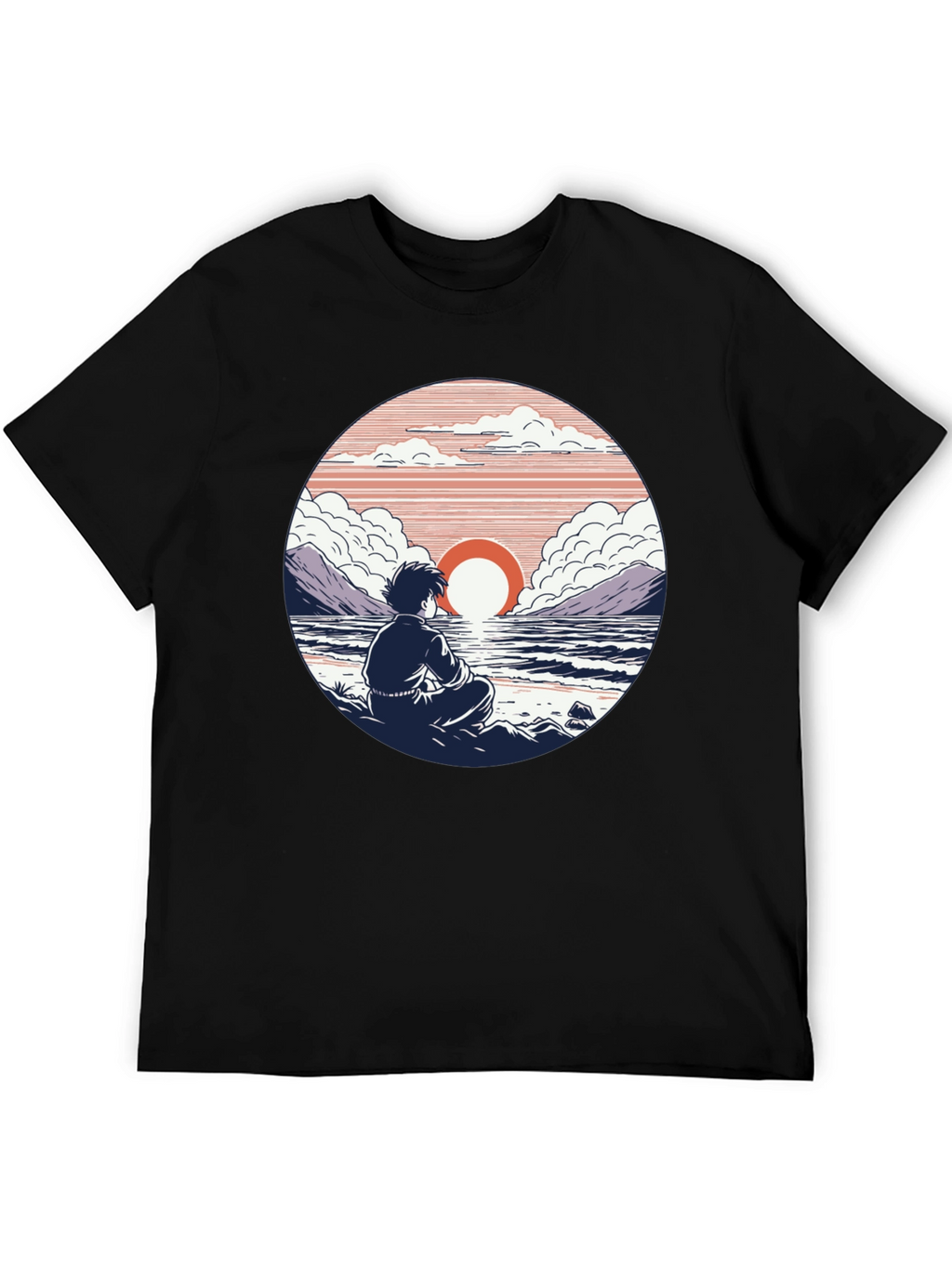Anime Sunset T-Shirt: Coastal Meditation Design