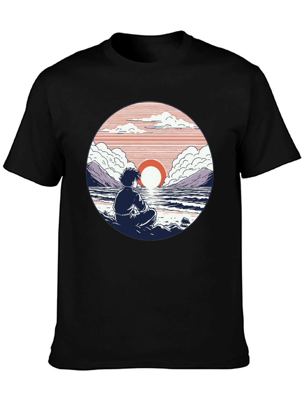 Anime Sunset T-Shirt: Coastal Meditation Design