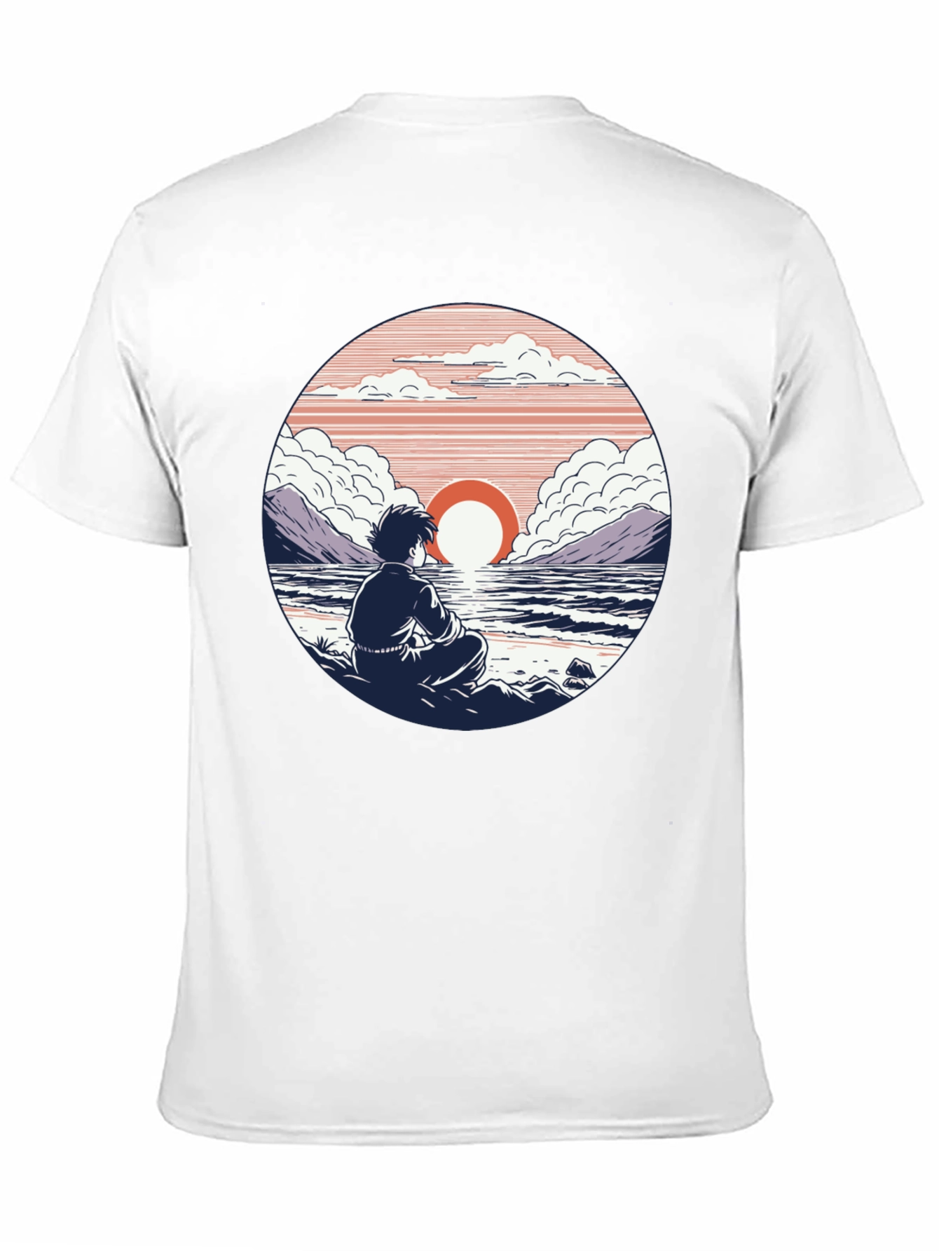 Anime Sunset T-Shirt: Coastal Meditation Design