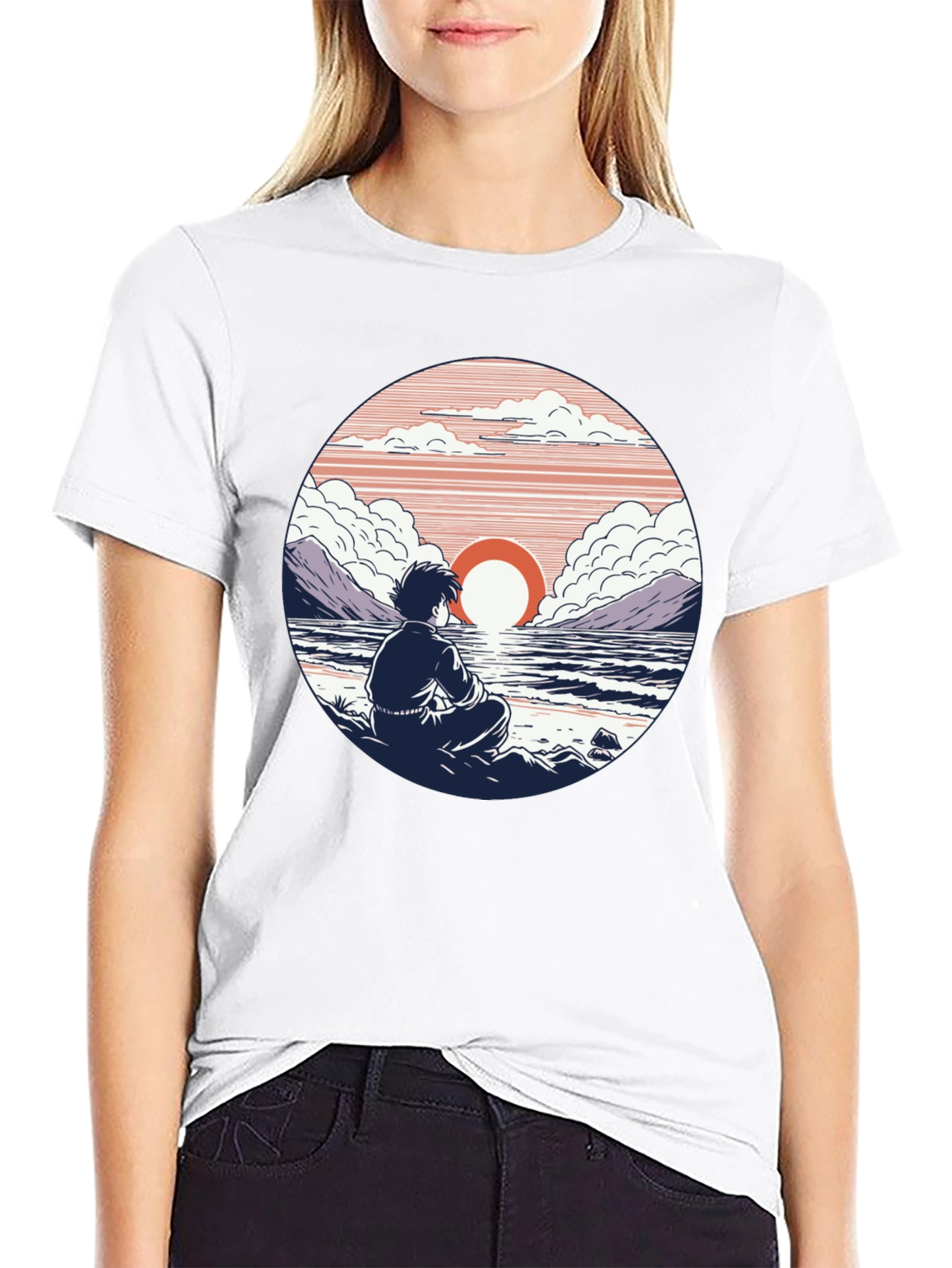 Anime Sunset T-Shirt: Coastal Meditation Design