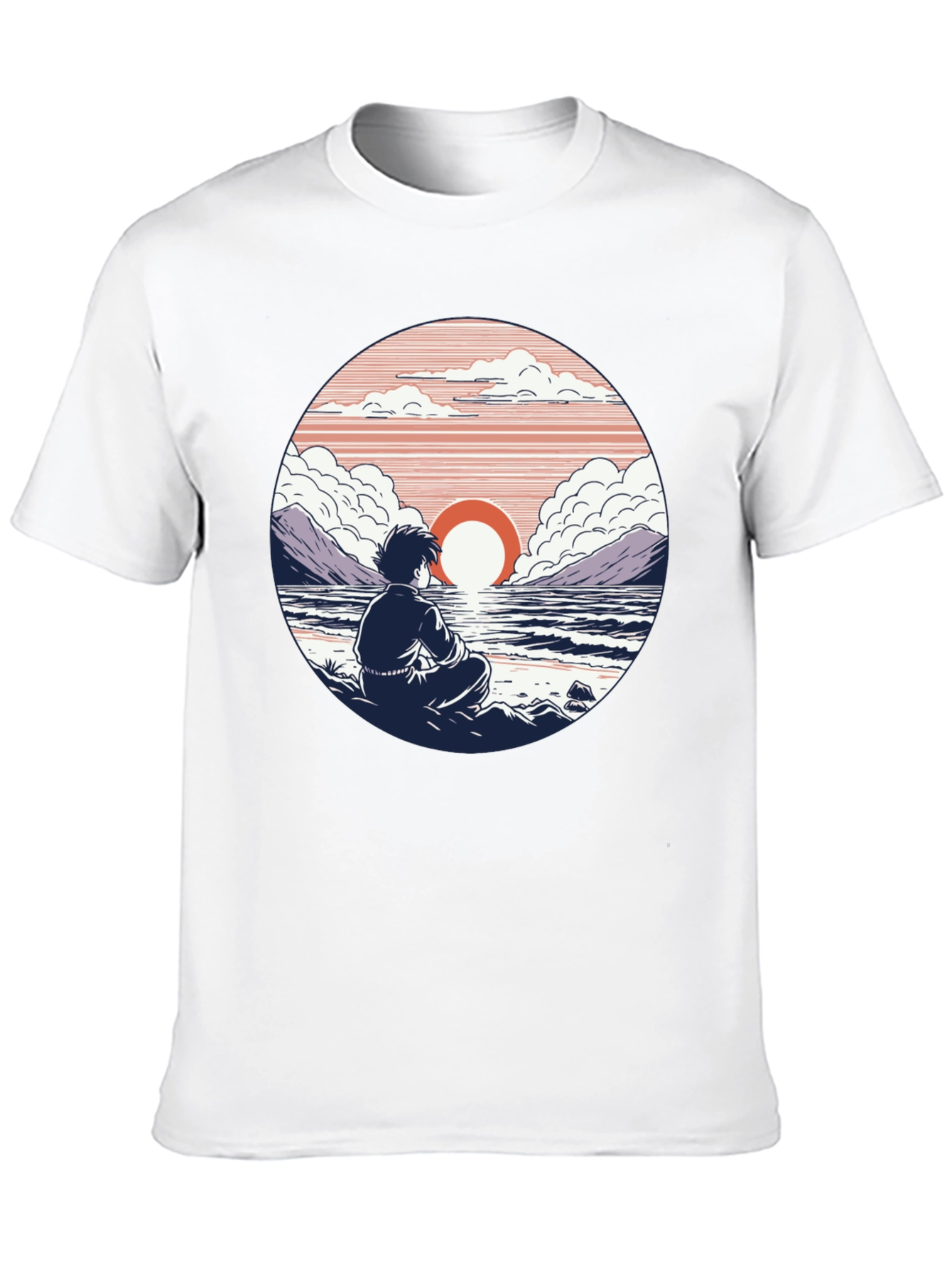 Anime Sunset T-Shirt: Coastal Meditation Design