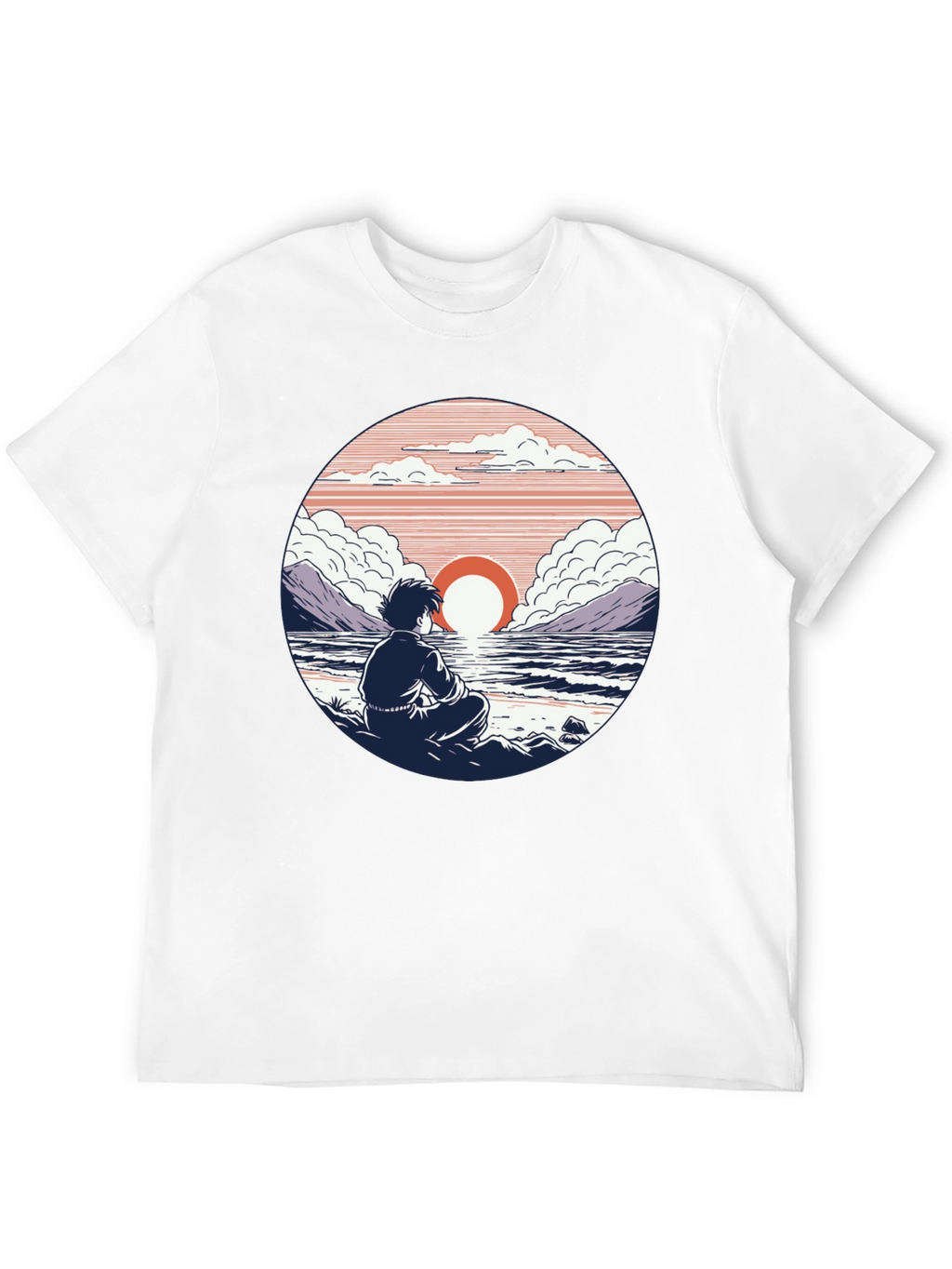 Anime Sunset T-Shirt: Coastal Meditation Design
