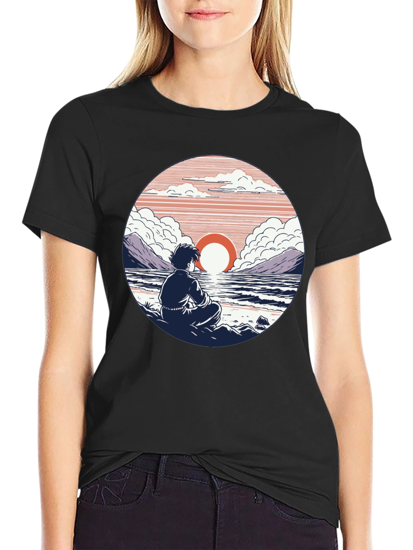 Anime Sunset T-Shirt: Coastal Meditation Design