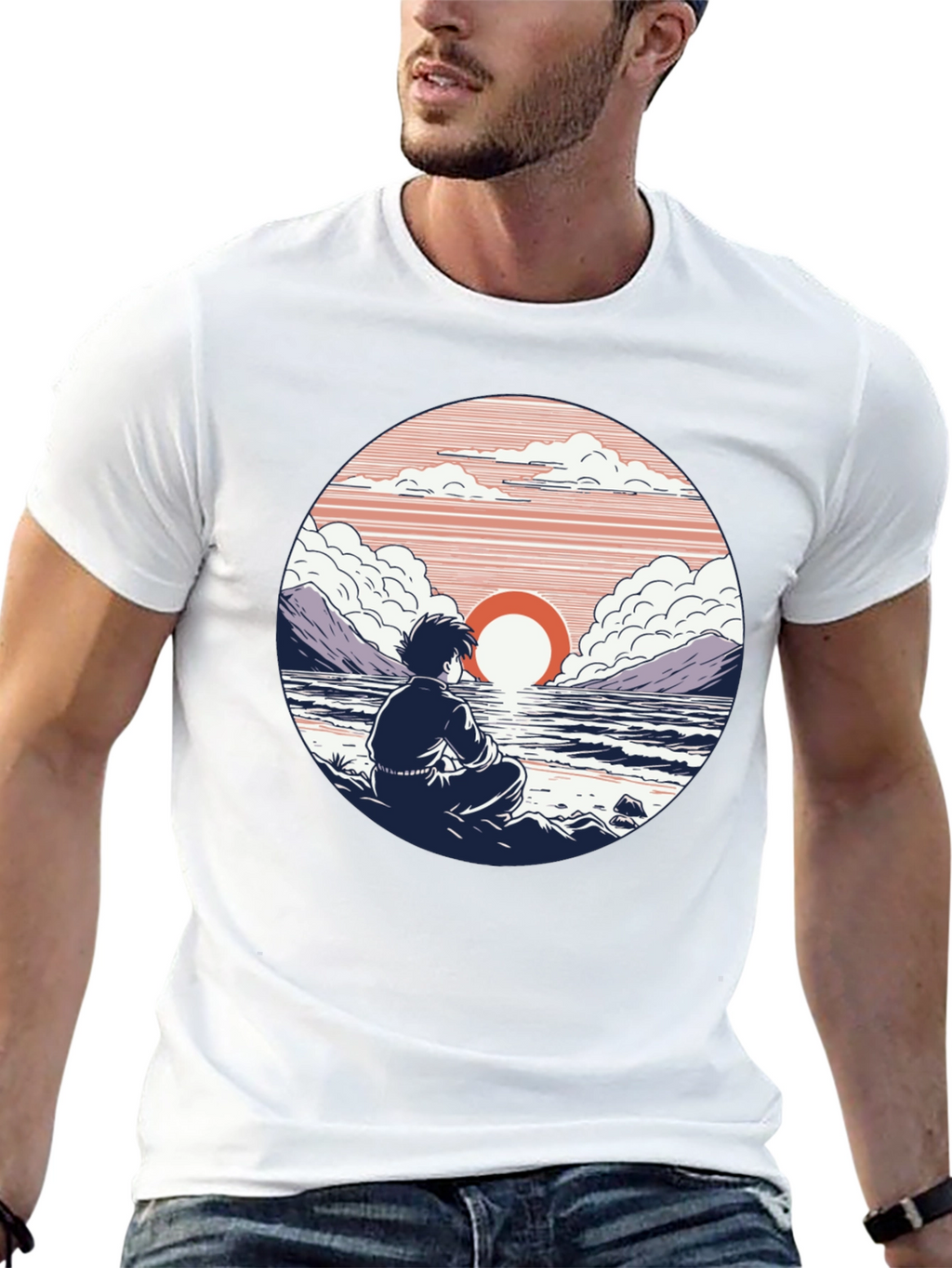Anime Sunset T-Shirt: Coastal Meditation Design