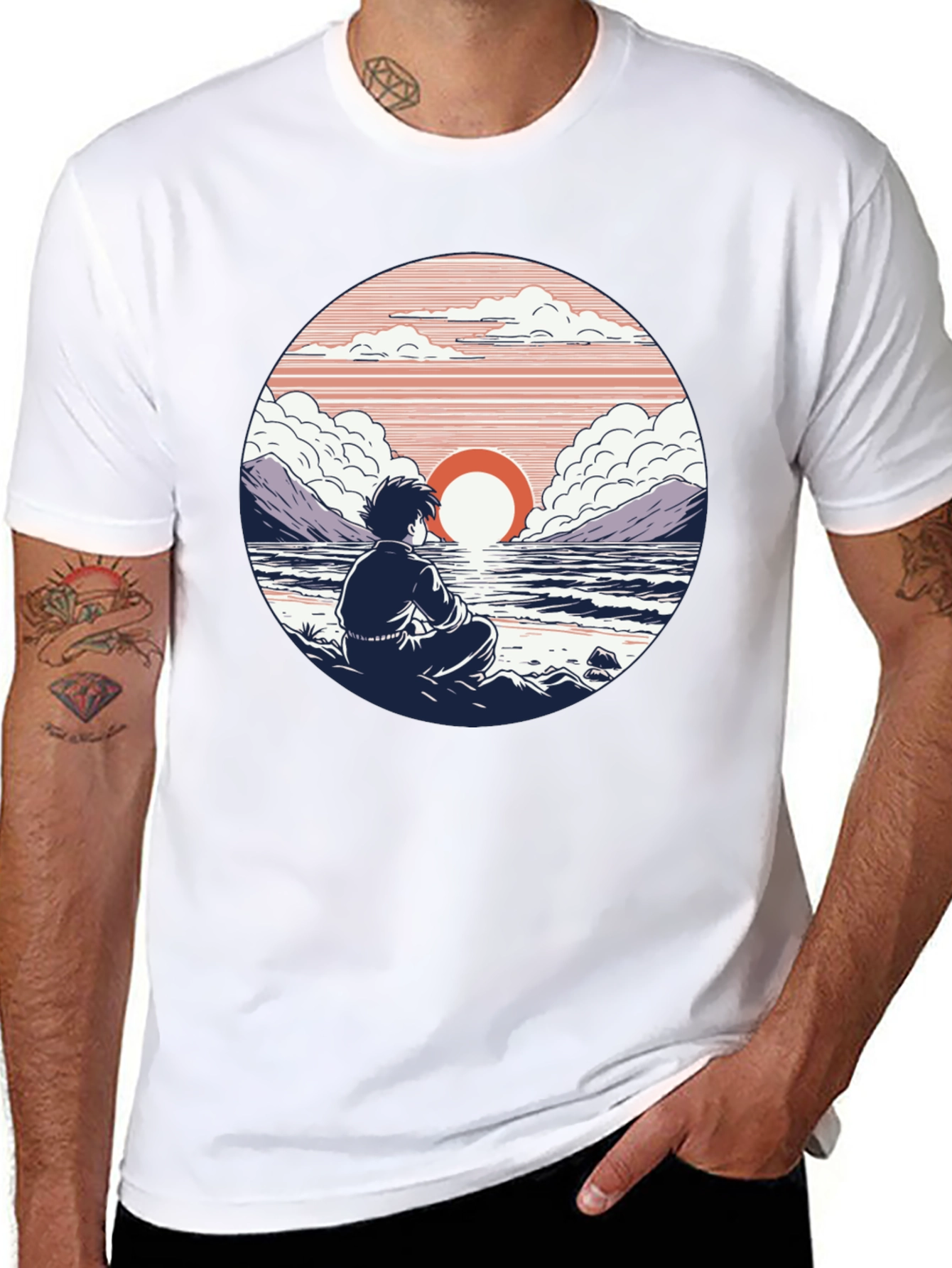 Anime Sunset T-Shirt: Coastal Meditation Design
