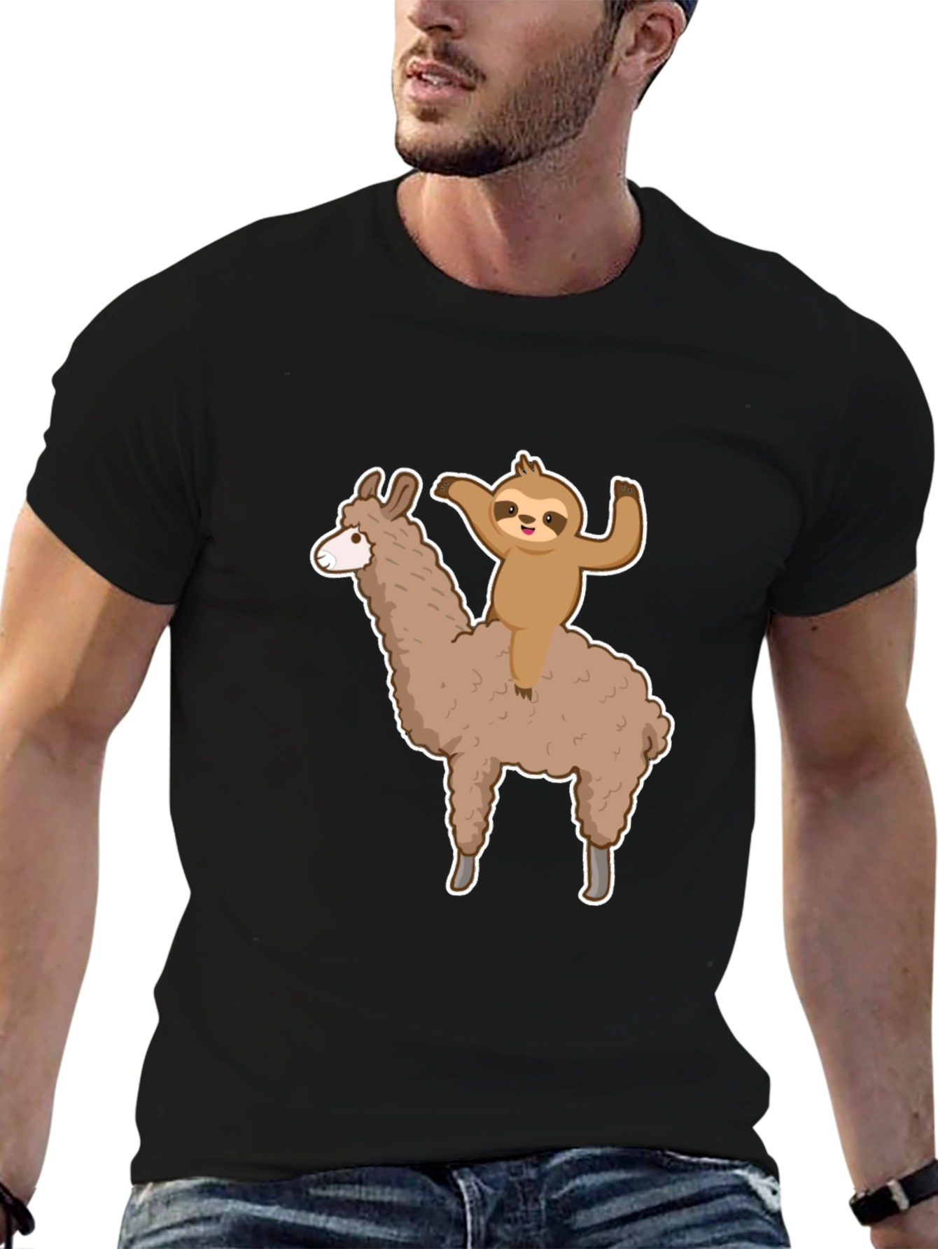 Sloth Riding Llama Graphic Tee - Mens Black T-Shirt