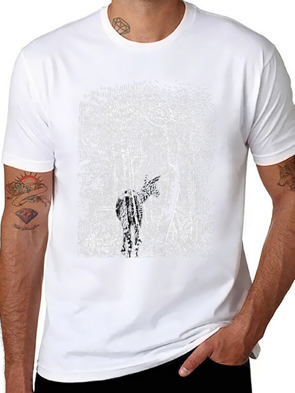 Black T-Shirt with Deer Forest Graphic