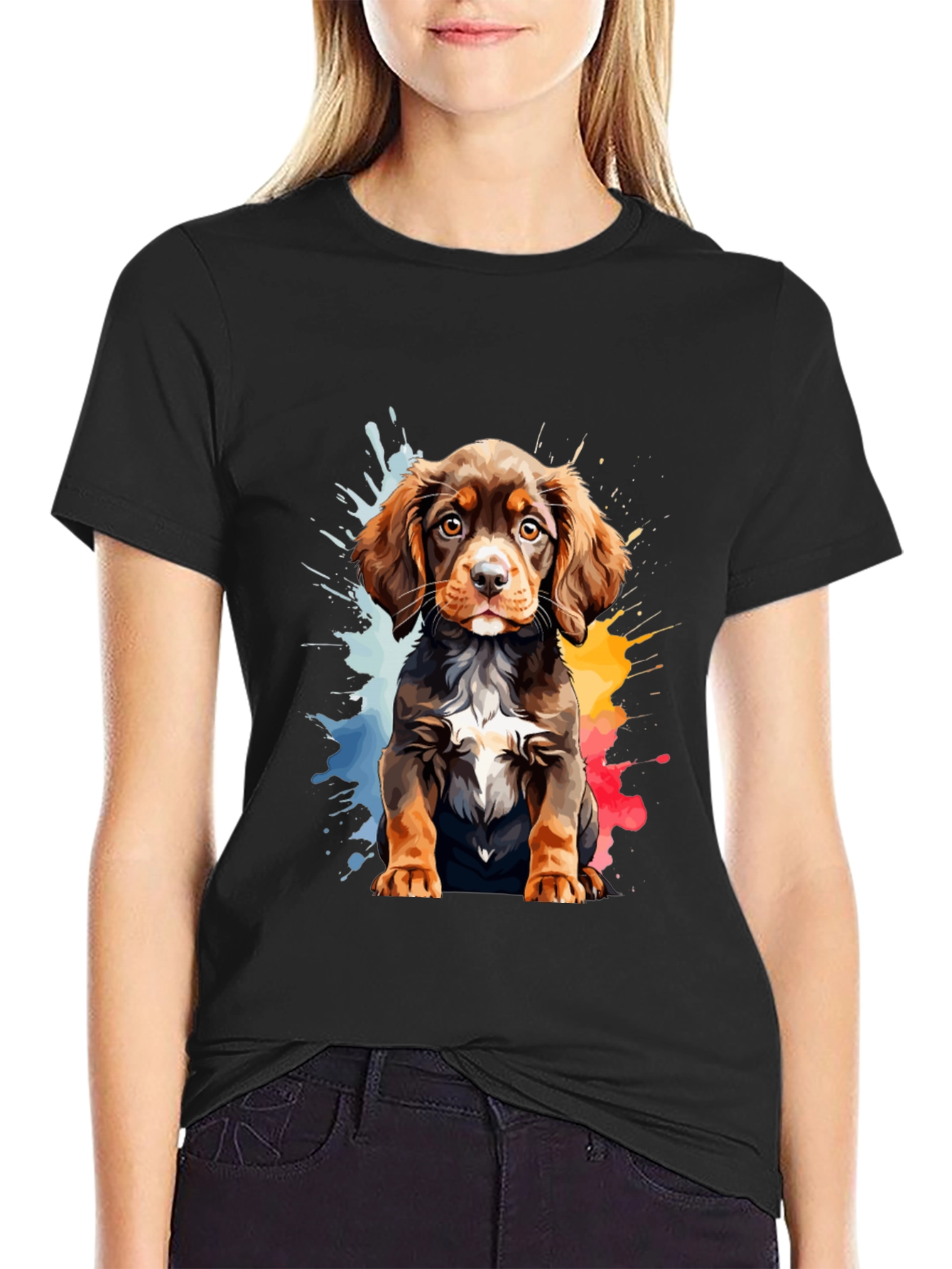 Watercolor Puppy Graphic Tee - Mens Black T-Shirt