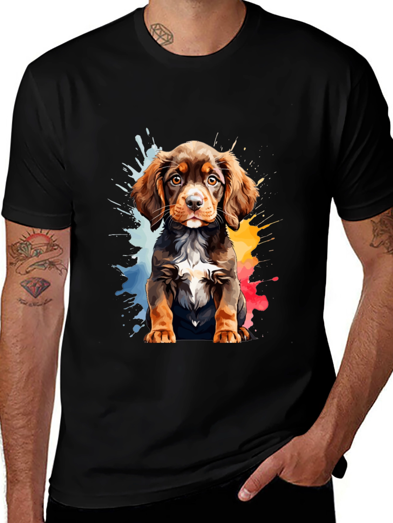 Watercolor Puppy Graphic Tee - Mens Black T-Shirt
