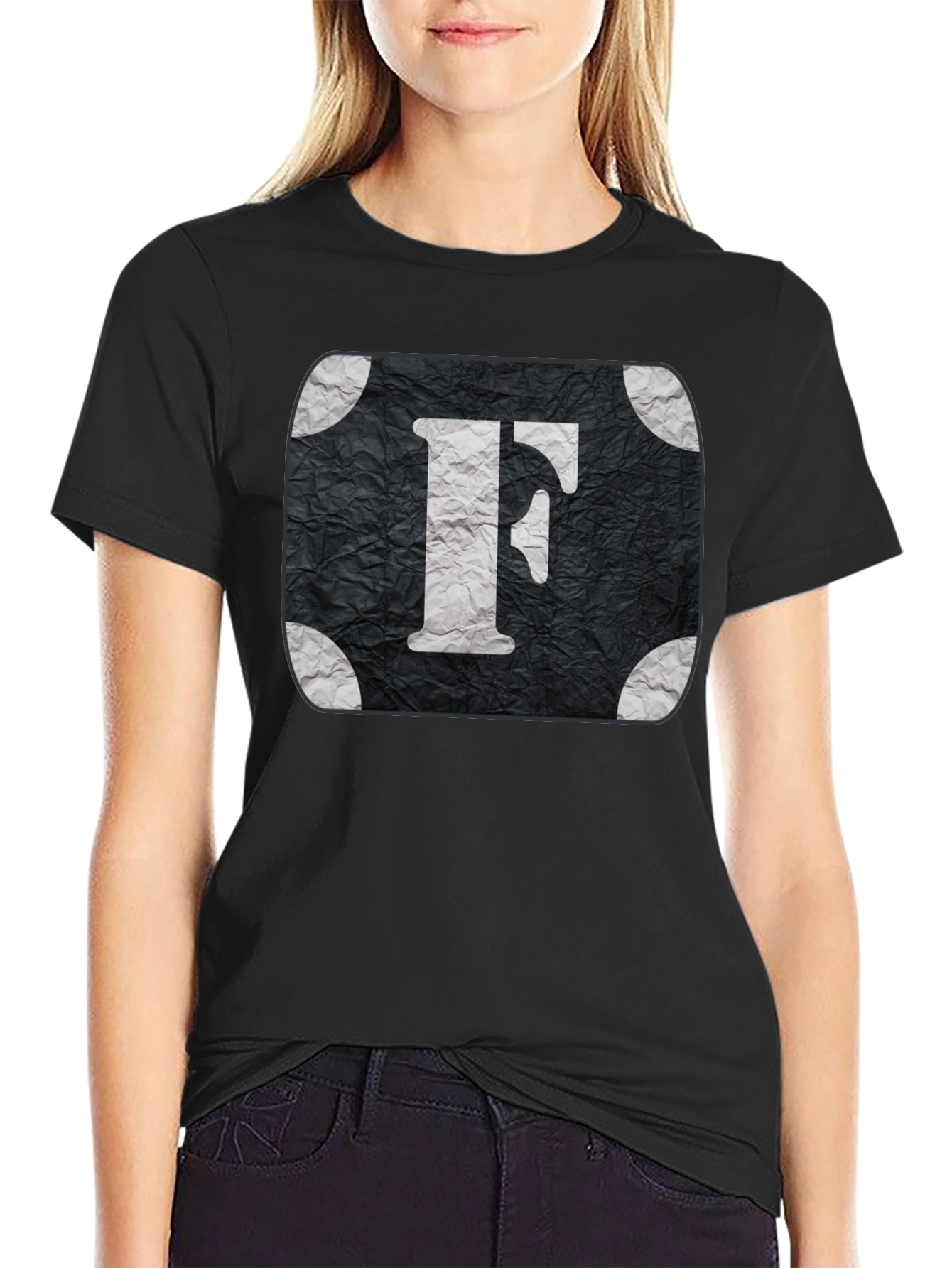 Letter F Graphic Tee - Black Cotton Blend