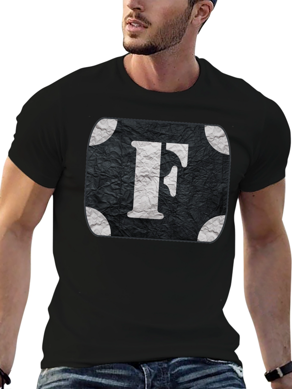 Letter F Graphic Tee - Black Cotton Blend