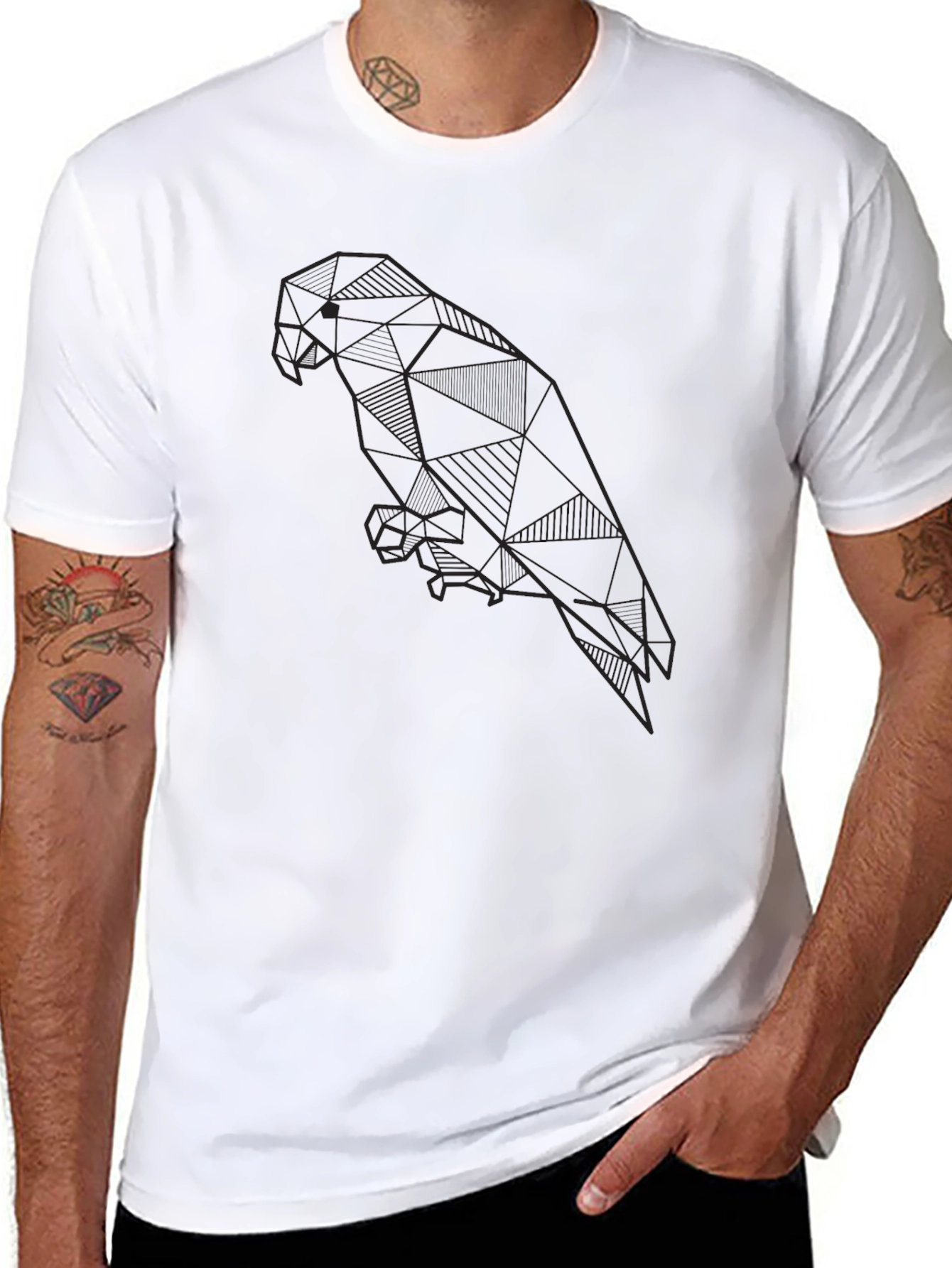 Geometric Parrot Graphic Print Black T-Shirt