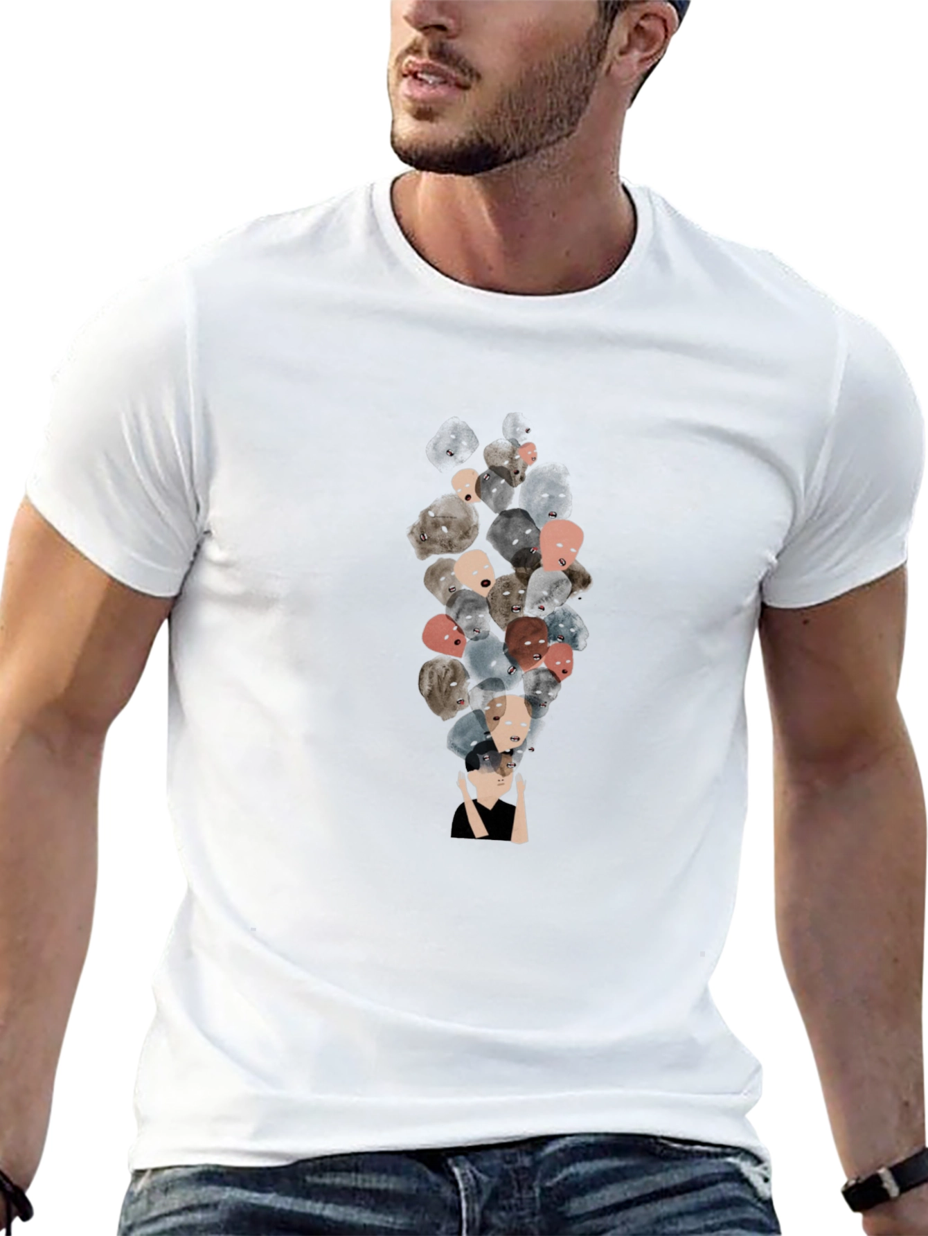 Unique Faces Graphic Print Black T-Shirt